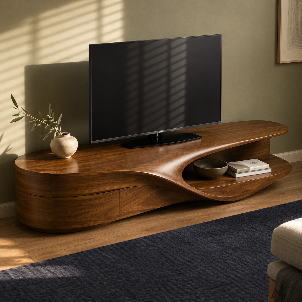 Flowen Sculptural Solid Wood Media Console For Living Room