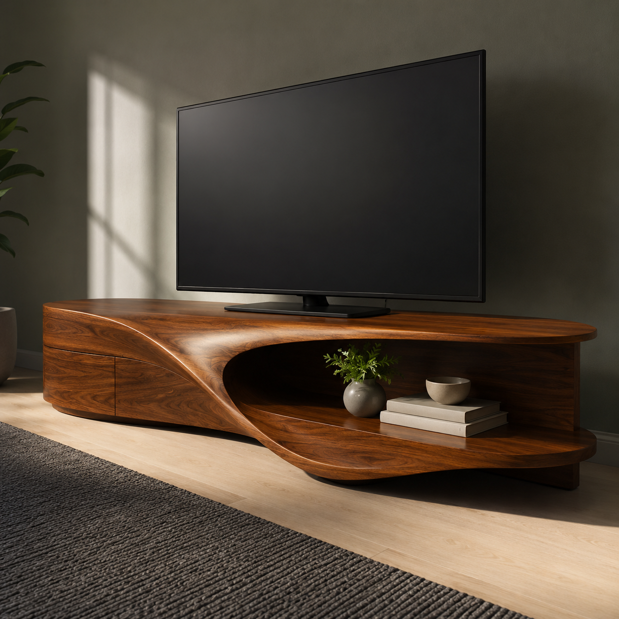 Flowen Sculptural Solid Wood Media Console For Living Room