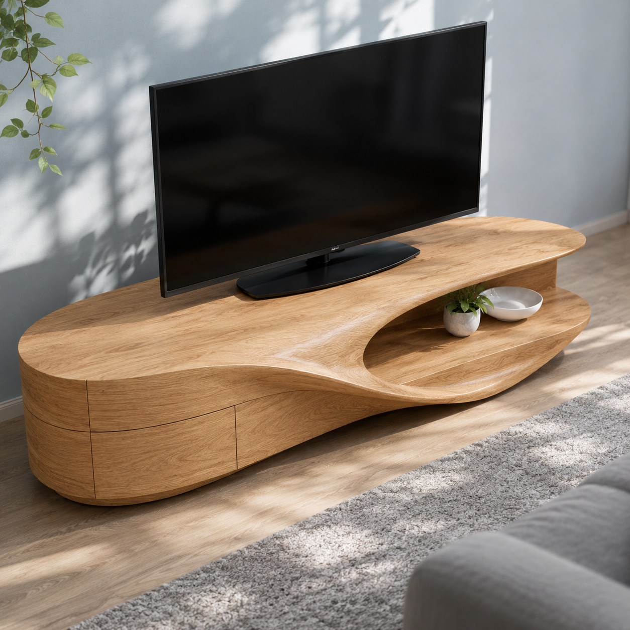 Flowen Sculptural Solid Wood Media Console For Living Room