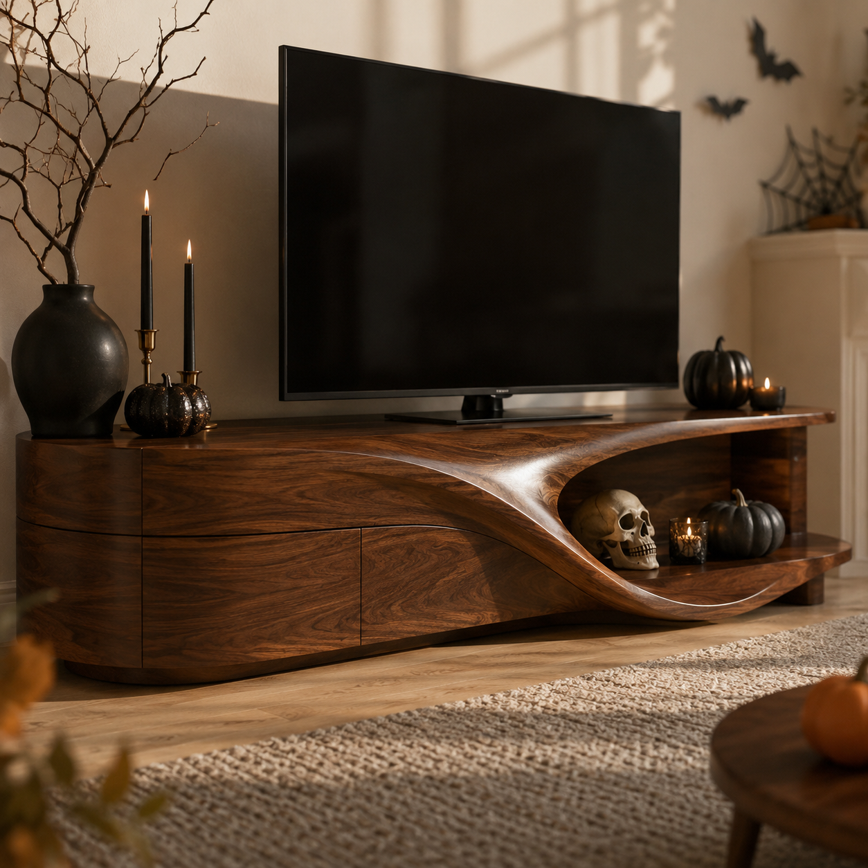 Flowen Sculptural Solid Wood Media Console For Living Room