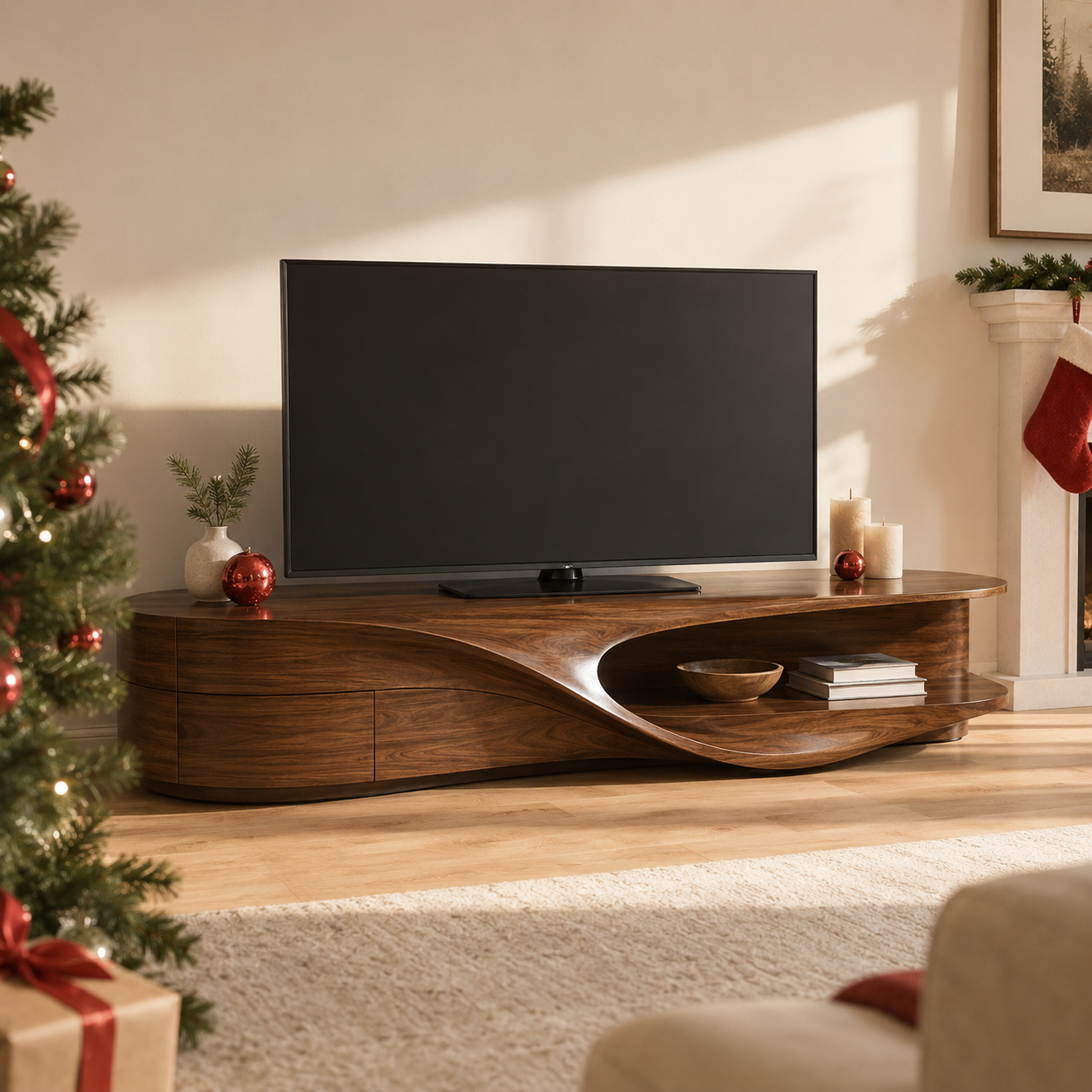 Flowen Sculptural Solid Wood Media Console For Living Room