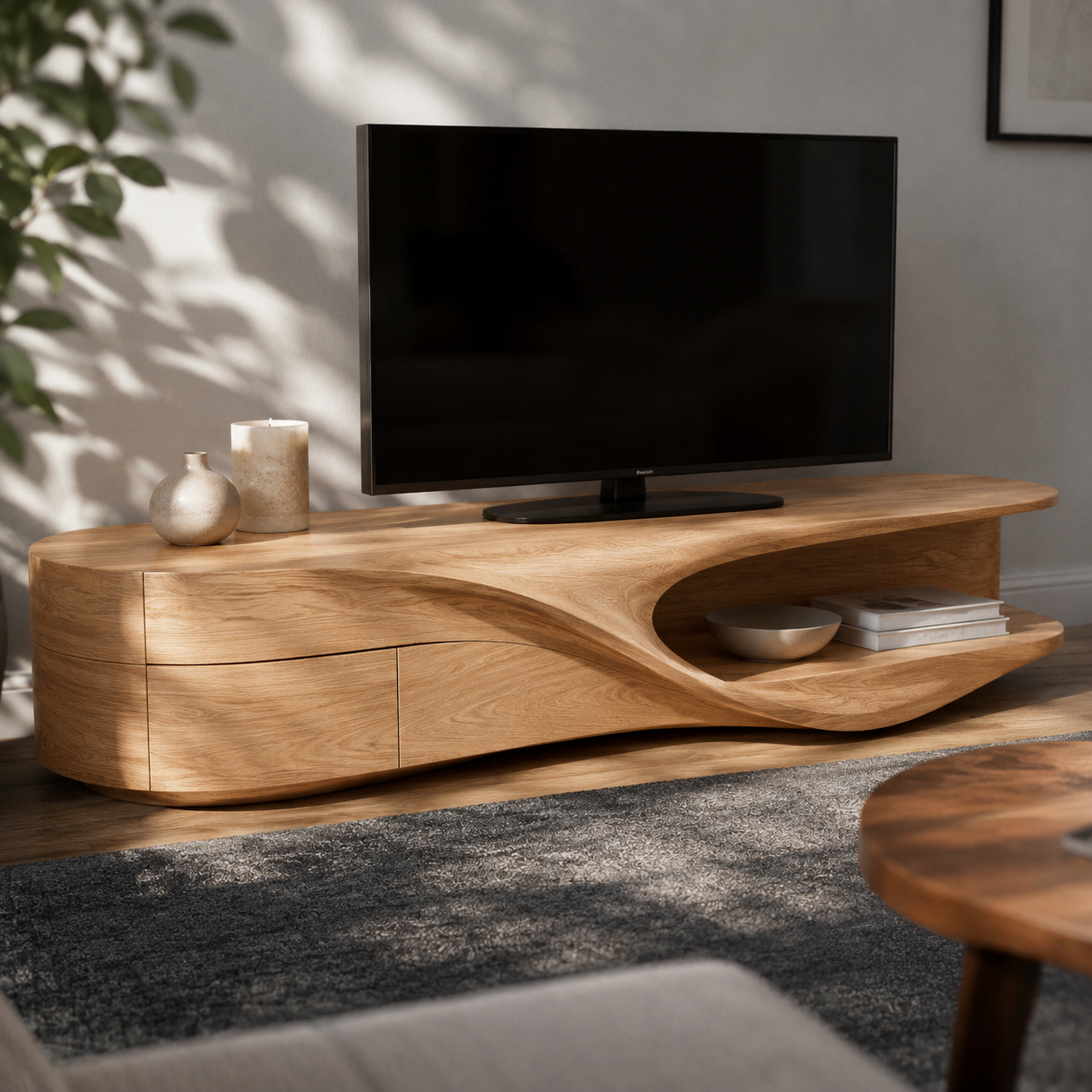 Flowen Sculptural Solid Wood Media Console For Living Room