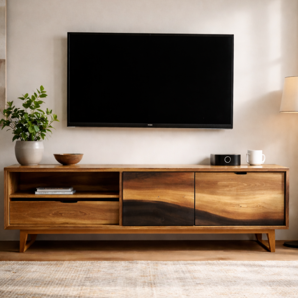 Sleek TV Stand with Live Edge Detailing and Open Storage Space