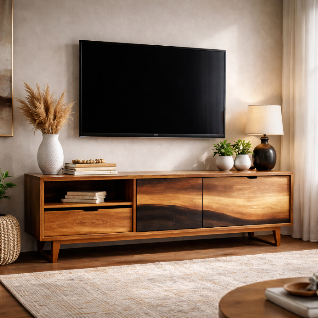 Sleek TV Stand with Live Edge Detailing and Open Storage Space