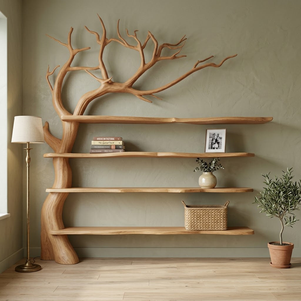 Sylvander Tree-Inspired Solid Wood Wall Bookshelf For Living Room
