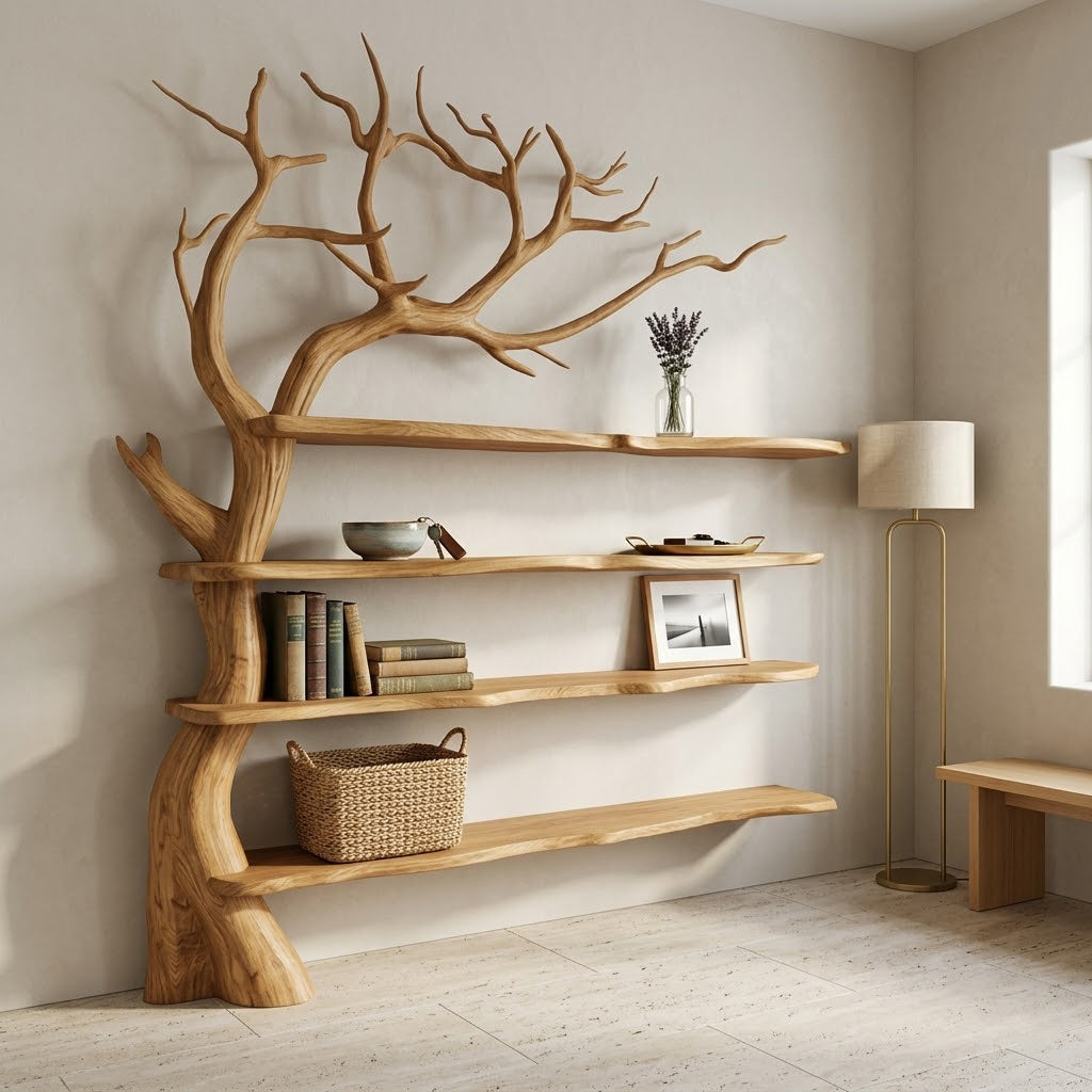 Sylvander Tree-Inspired Solid Wood Wall Bookshelf For Living Room