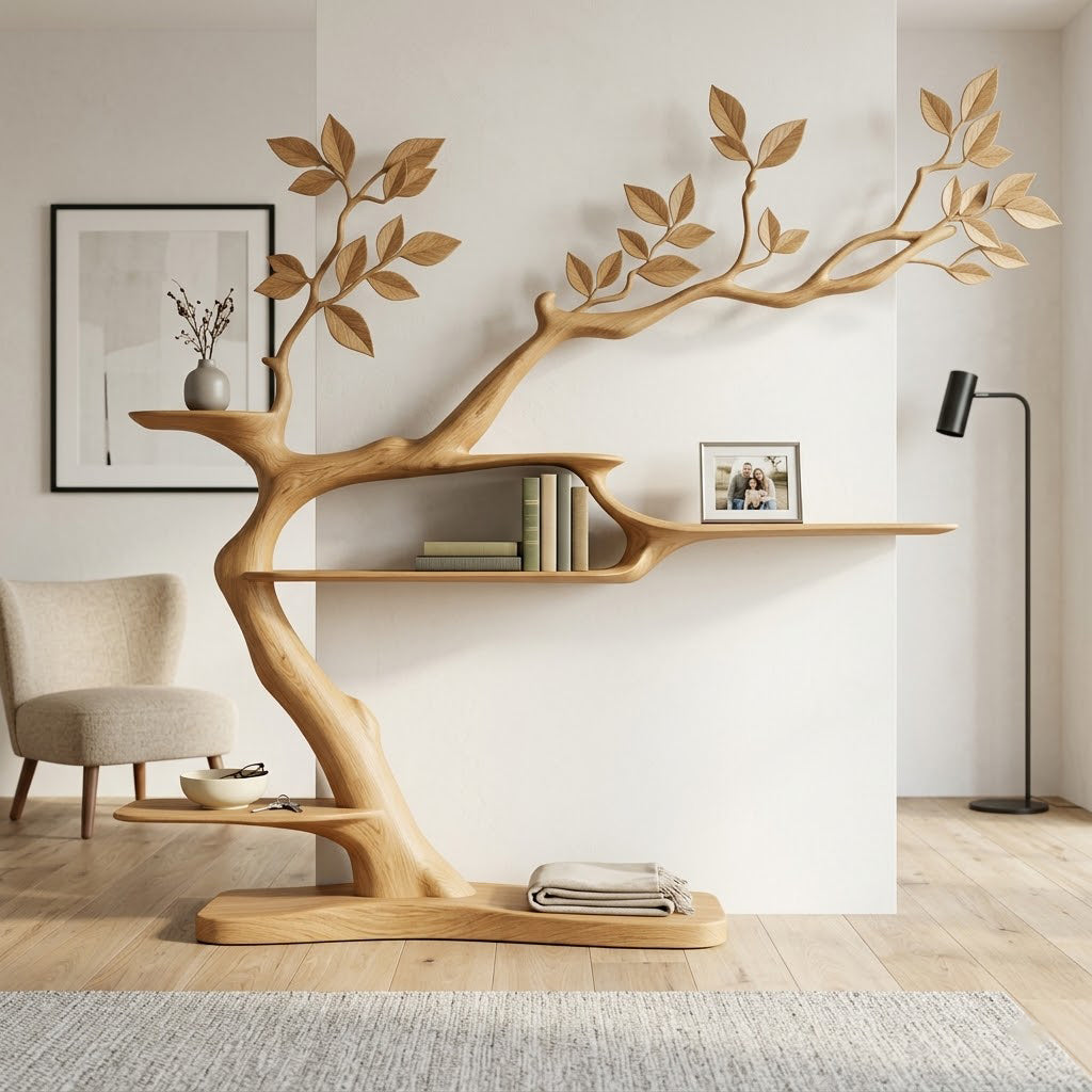 Sylvian Branching Organic Form Solid Wood Sculptural Bookcase