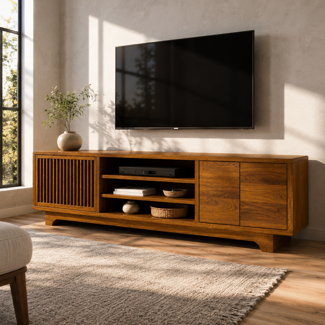 Lattaro Slatted Door Solid Wood TV Cabinet For Living Room