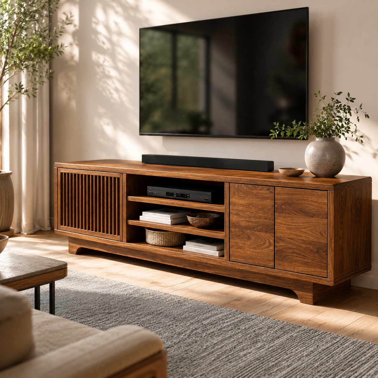 Lattaro Slatted Door Solid Wood TV Cabinet For Living Room
