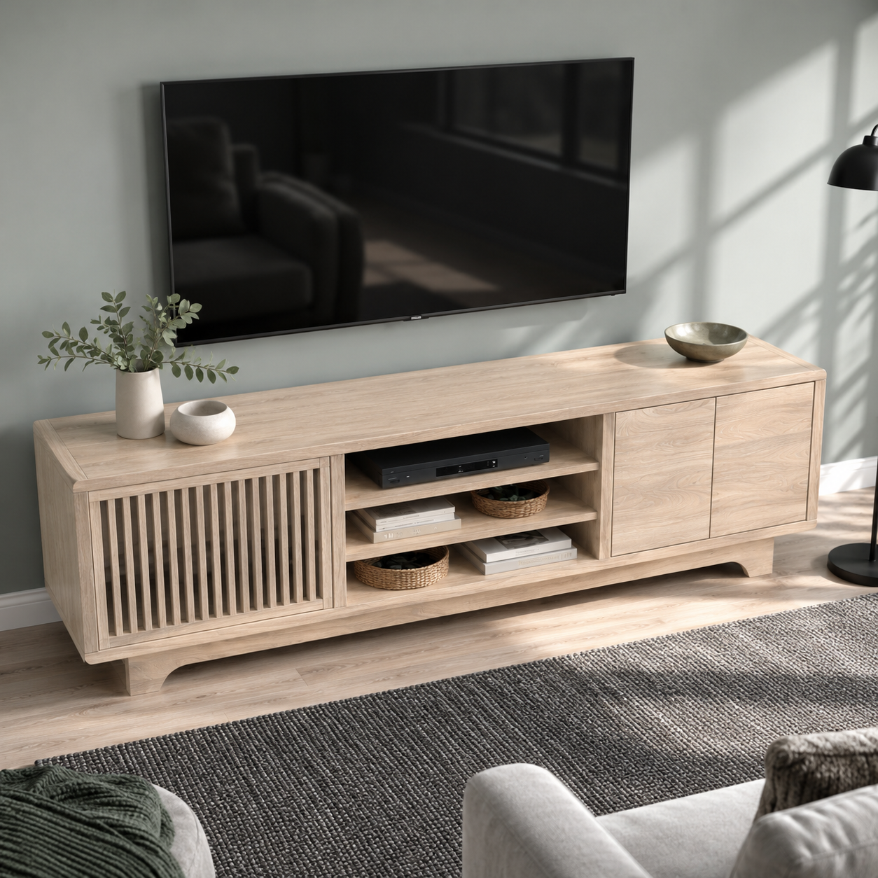 Lattaro Slatted Door Solid Wood TV Cabinet For Living Room