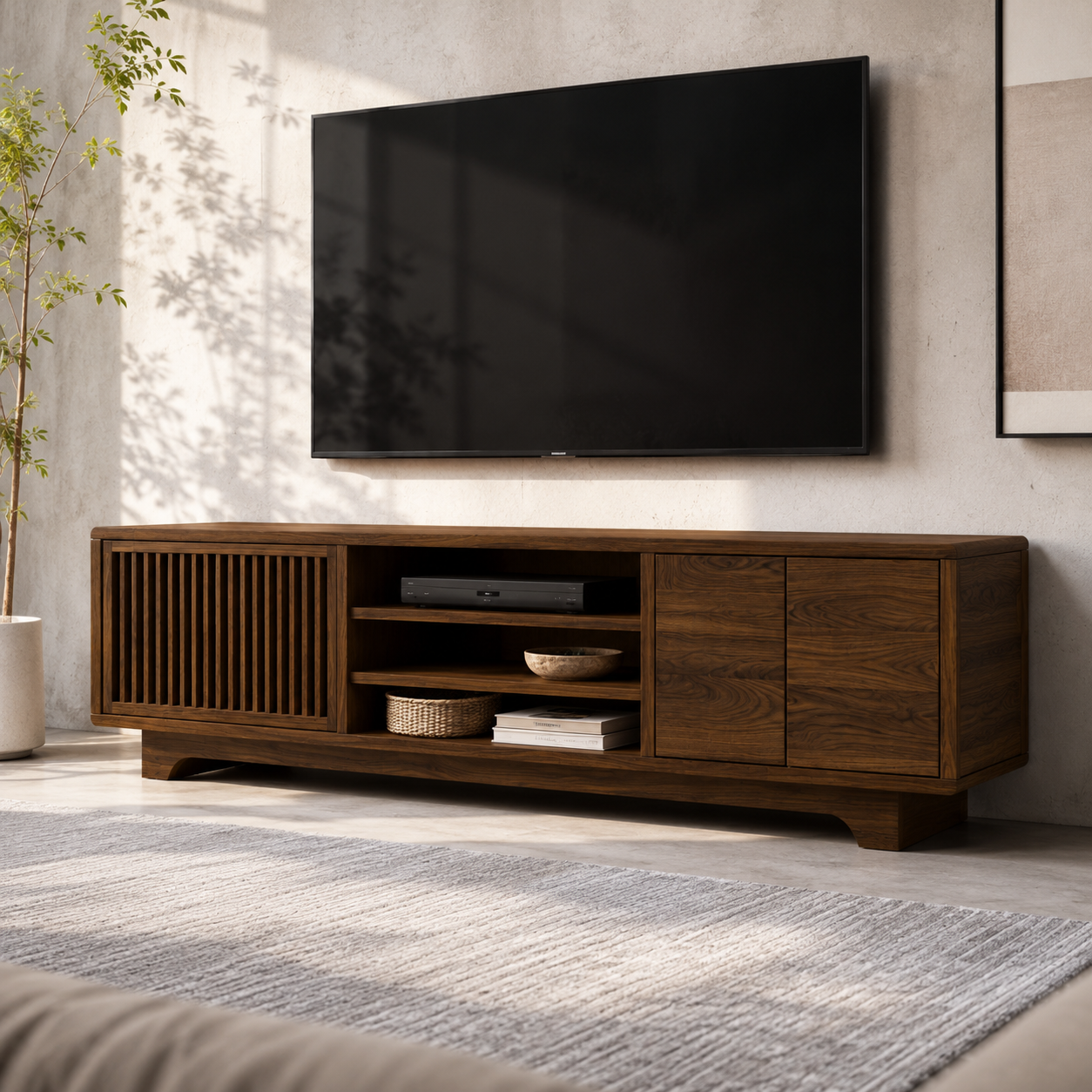 Lattaro Slatted Door Solid Wood TV Cabinet For Living Room