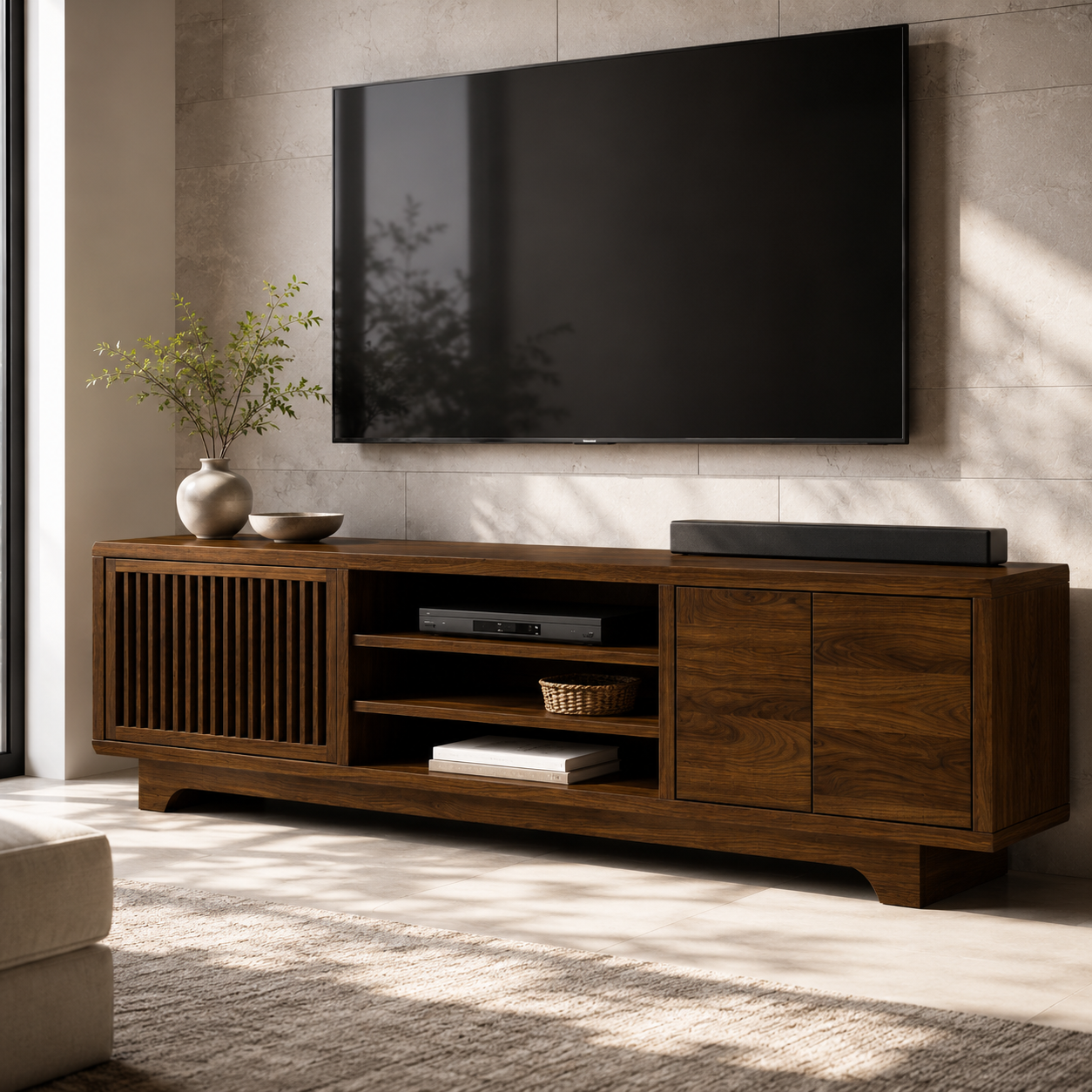 Lattaro Slatted Door Solid Wood TV Cabinet For Living Room