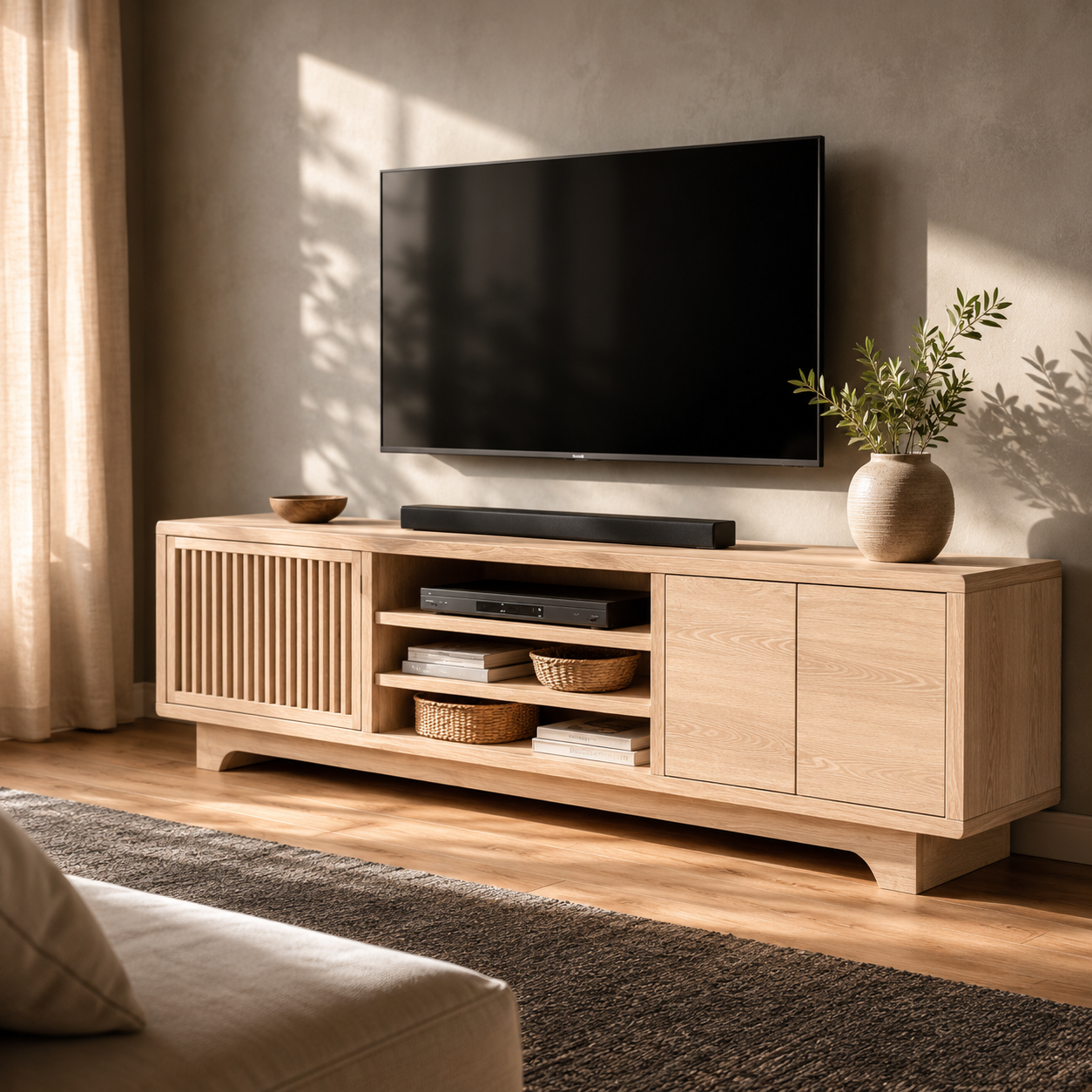 Lattaro Slatted Door Solid Wood TV Cabinet For Living Room