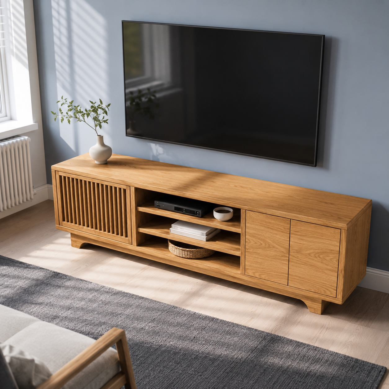 Lattaro Slatted Door Solid Wood TV Cabinet For Living Room