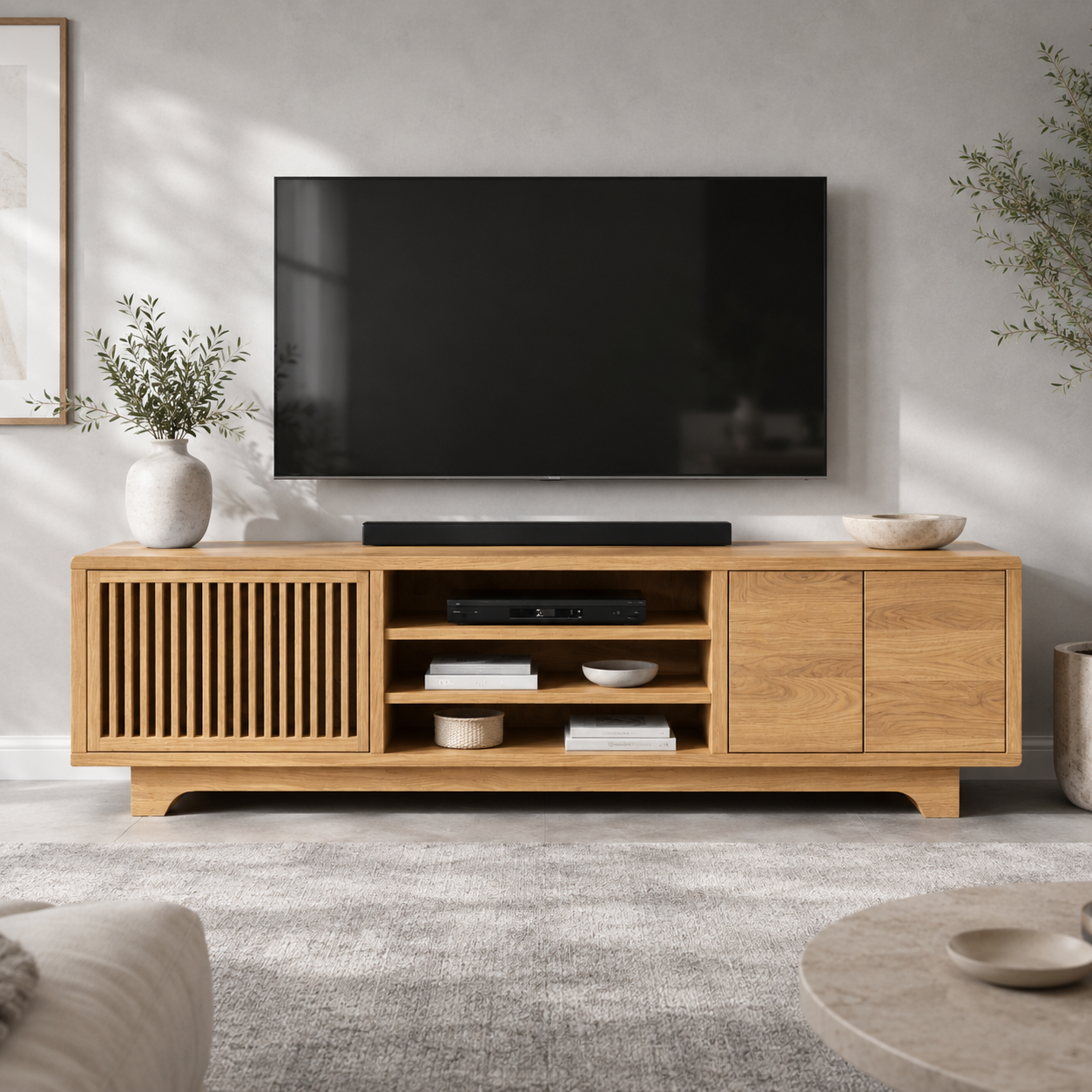 Lattaro Slatted Door Solid Wood TV Cabinet For Living Room