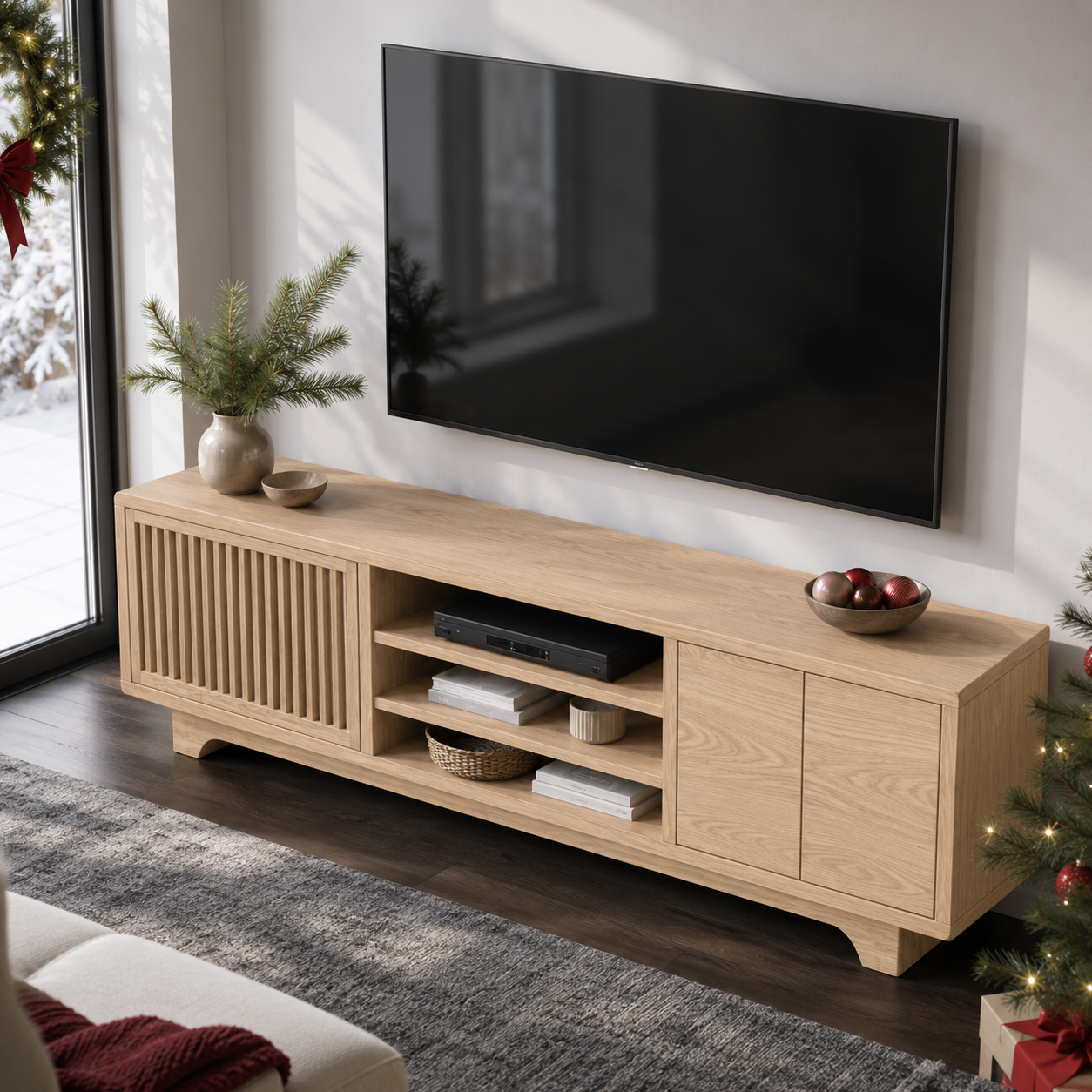 Lattaro Slatted Door Solid Wood TV Cabinet For Living Room