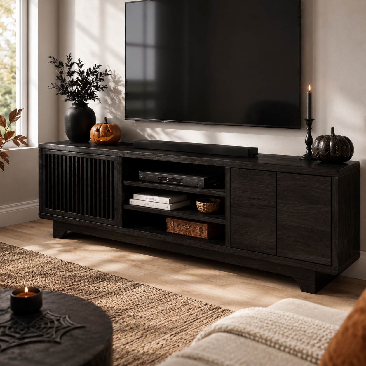Lattaro Slatted Door Solid Wood TV Cabinet For Living Room