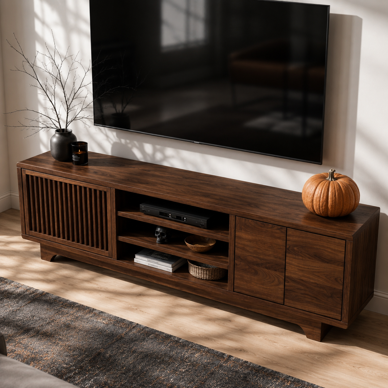 Lattaro Slatted Door Solid Wood TV Cabinet For Living Room