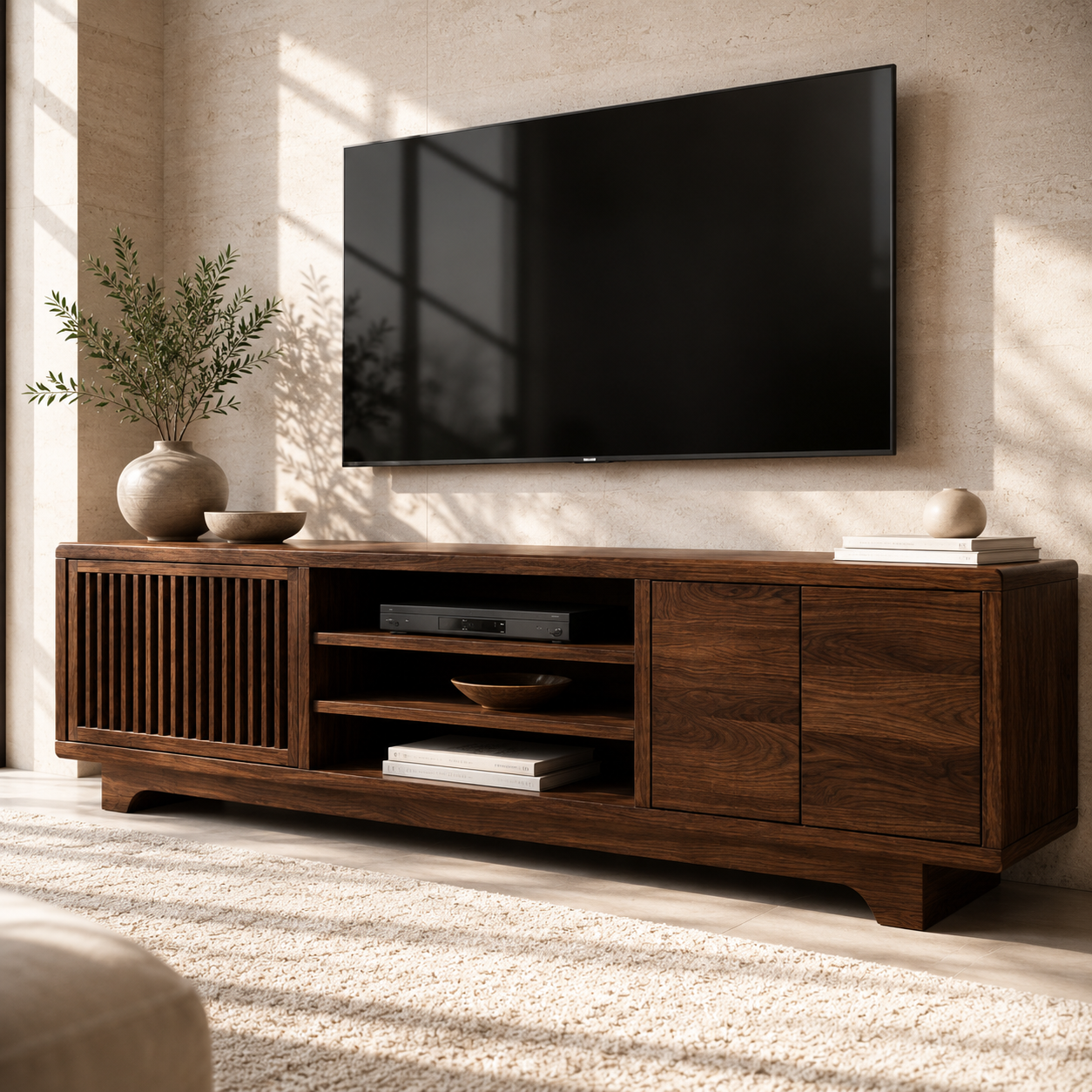Lattaro Slatted Door Solid Wood TV Cabinet For Living Room