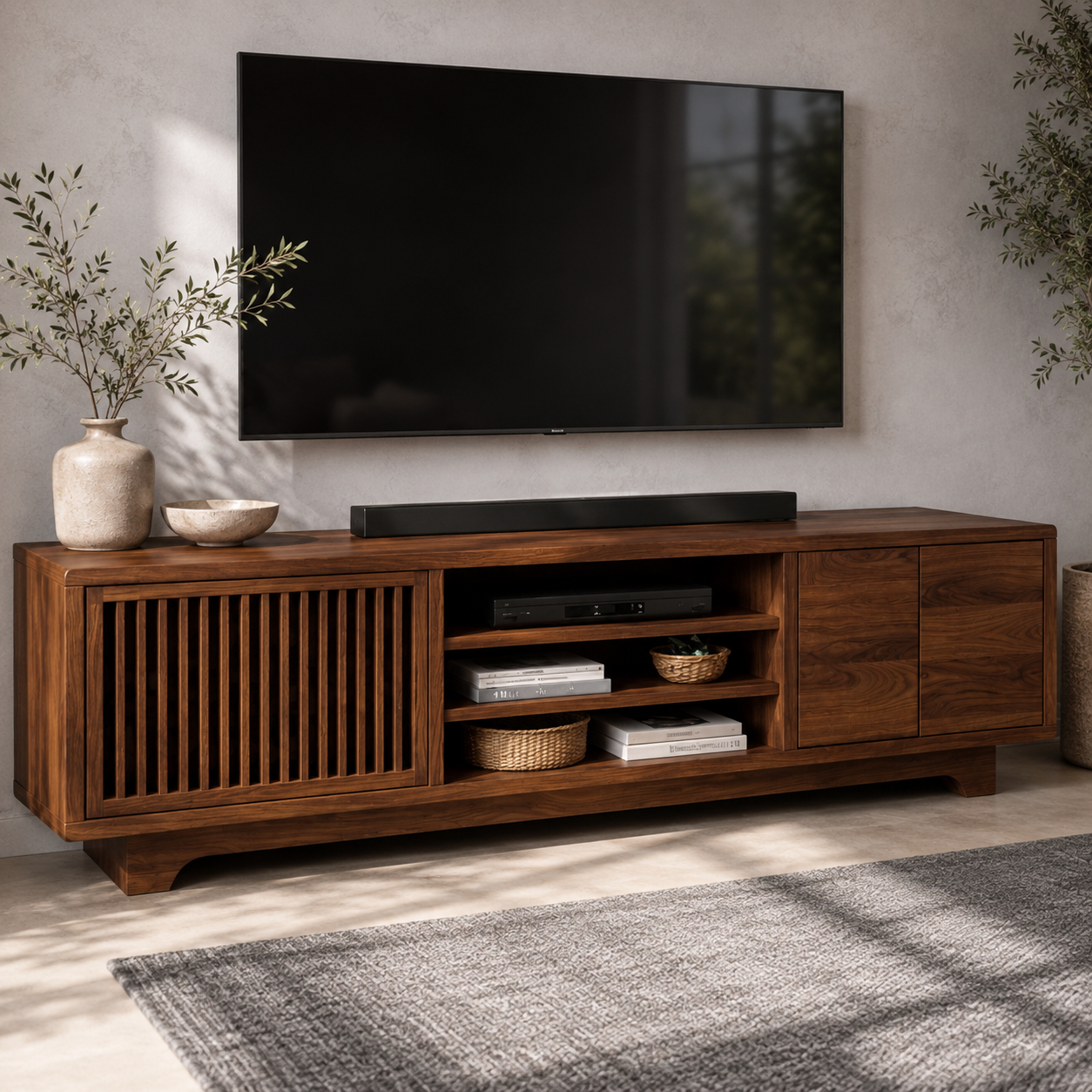 Lattaro Slatted Door Solid Wood TV Cabinet For Living Room