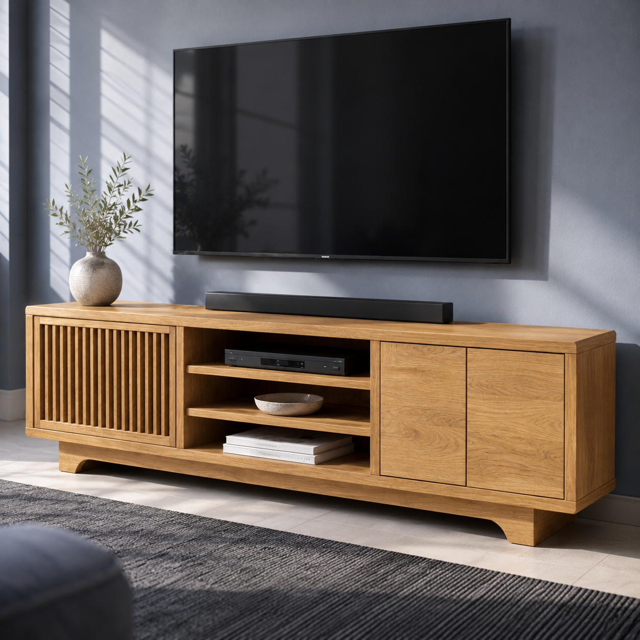 Lattaro Slatted Door Solid Wood TV Cabinet For Living Room
