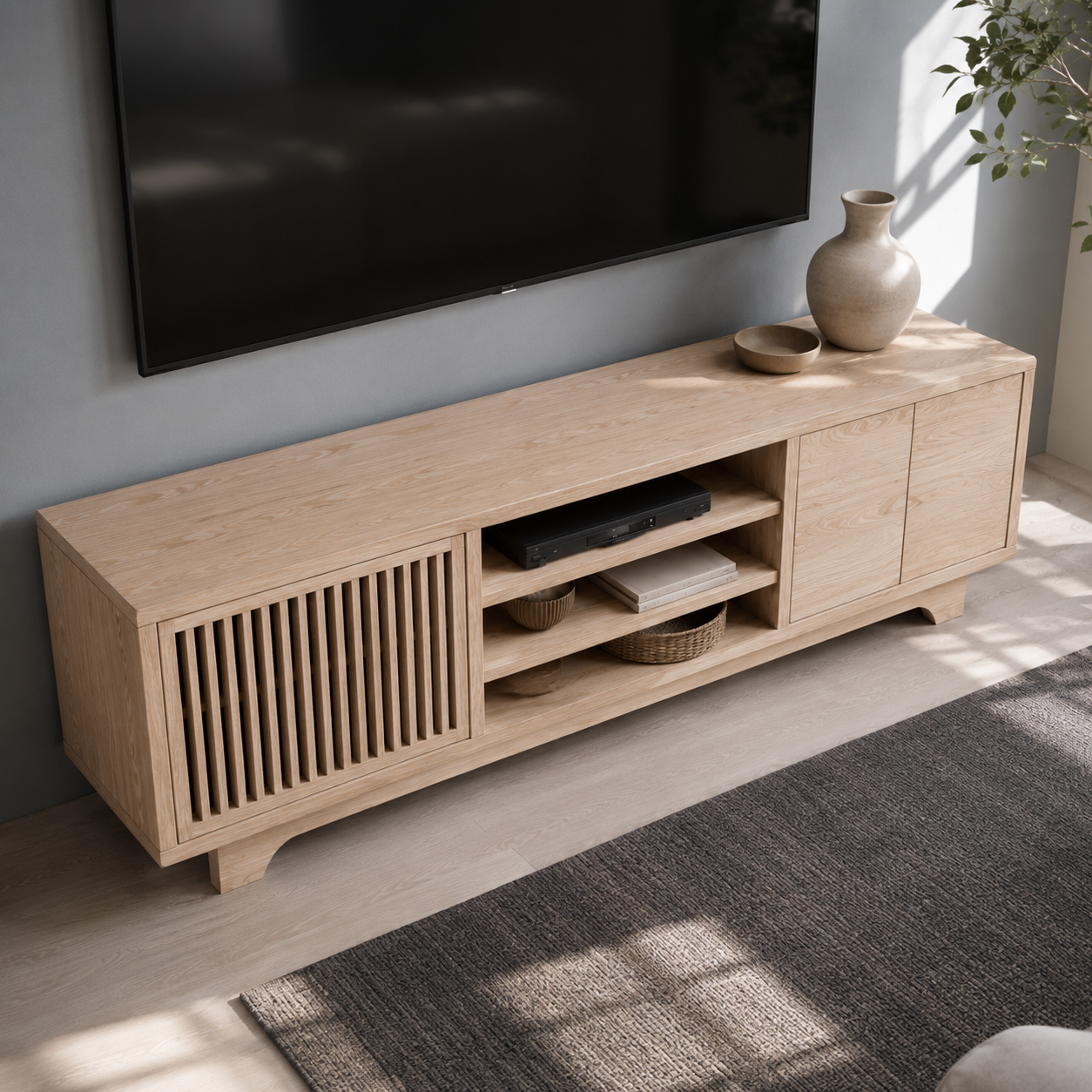Lattaro Slatted Door Solid Wood TV Cabinet For Living Room