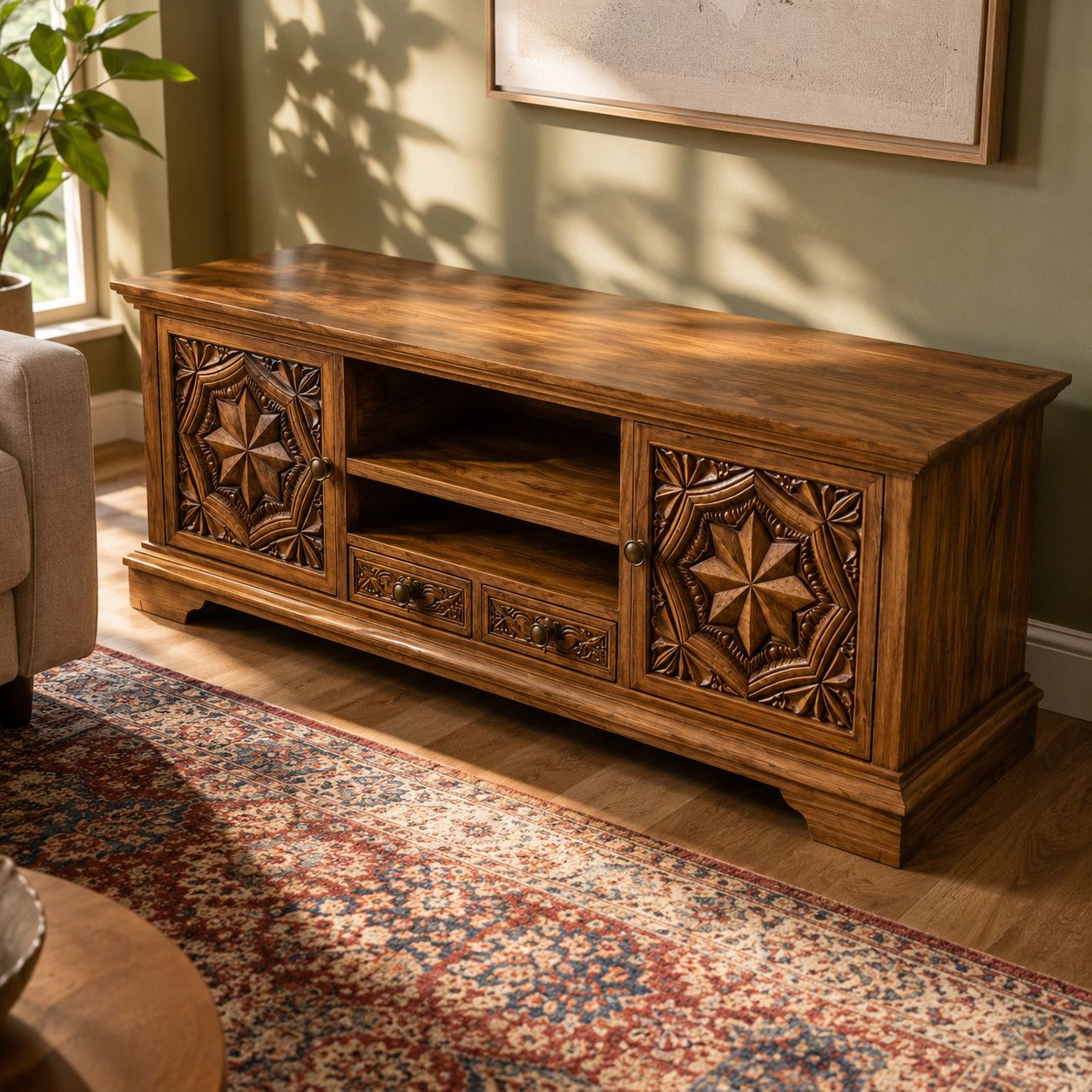 Carvello Carved Door Solid Wood TV Console For Living Room