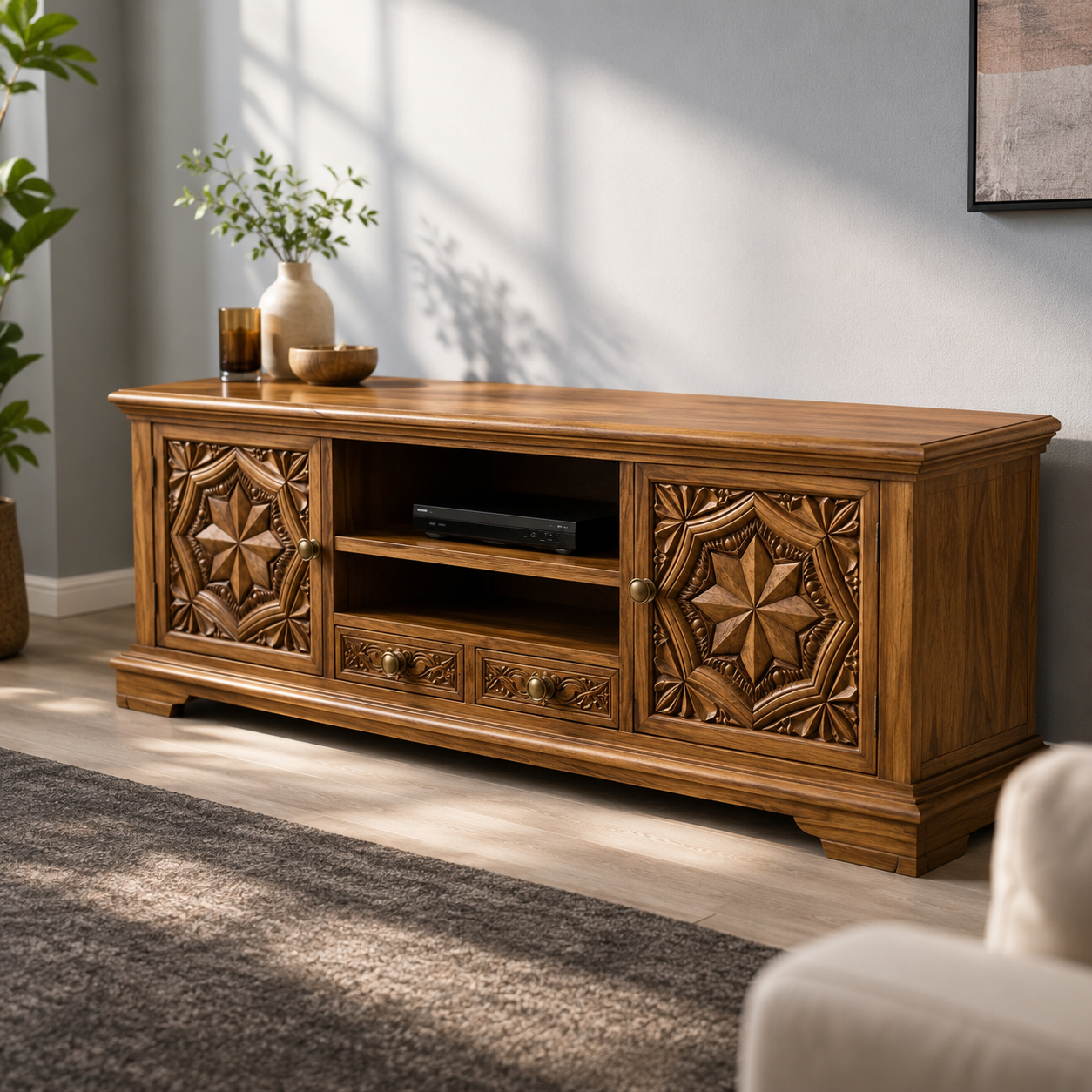 Carvello Carved Door Solid Wood TV Console For Living Room