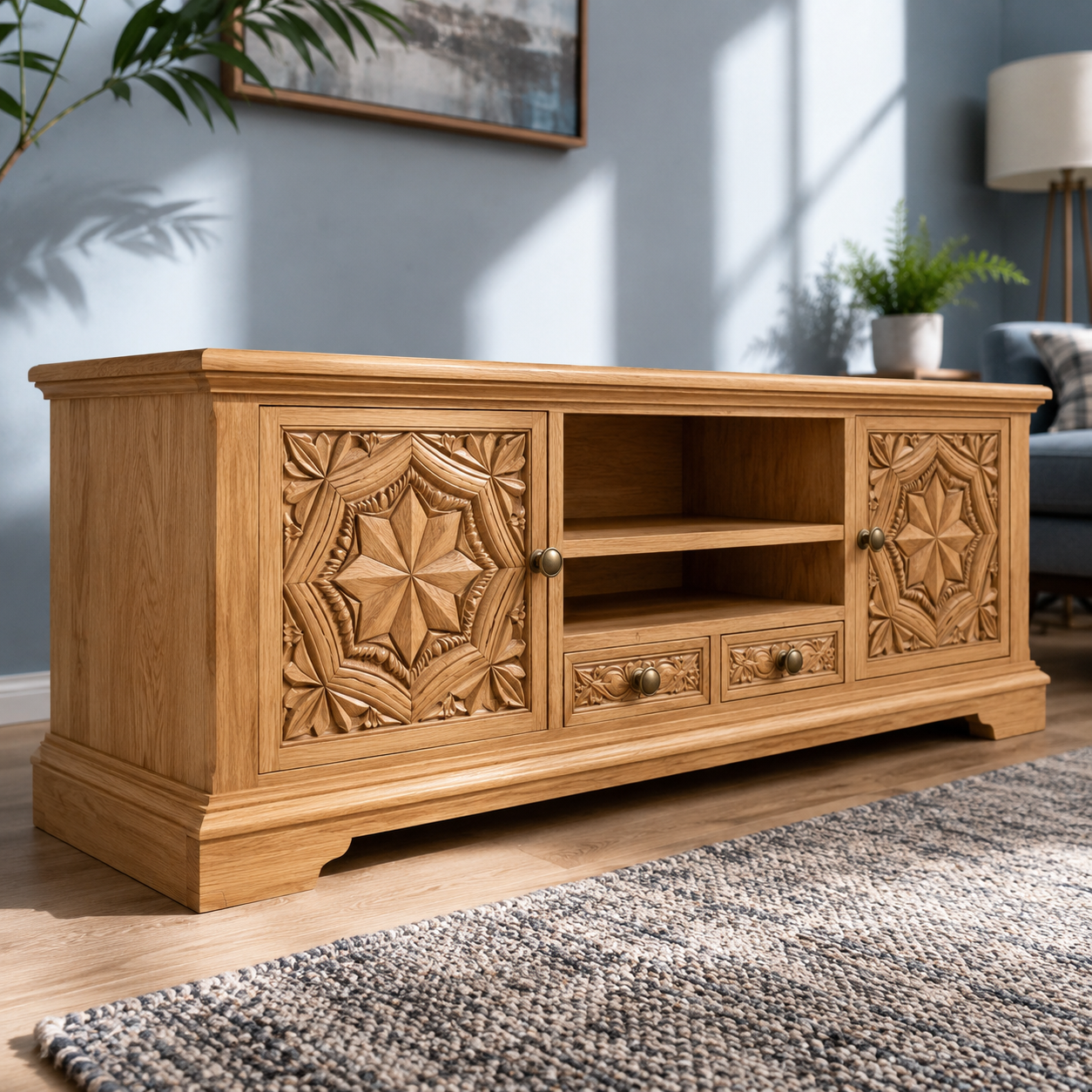 Carvello Carved Door Solid Wood TV Console For Living Room