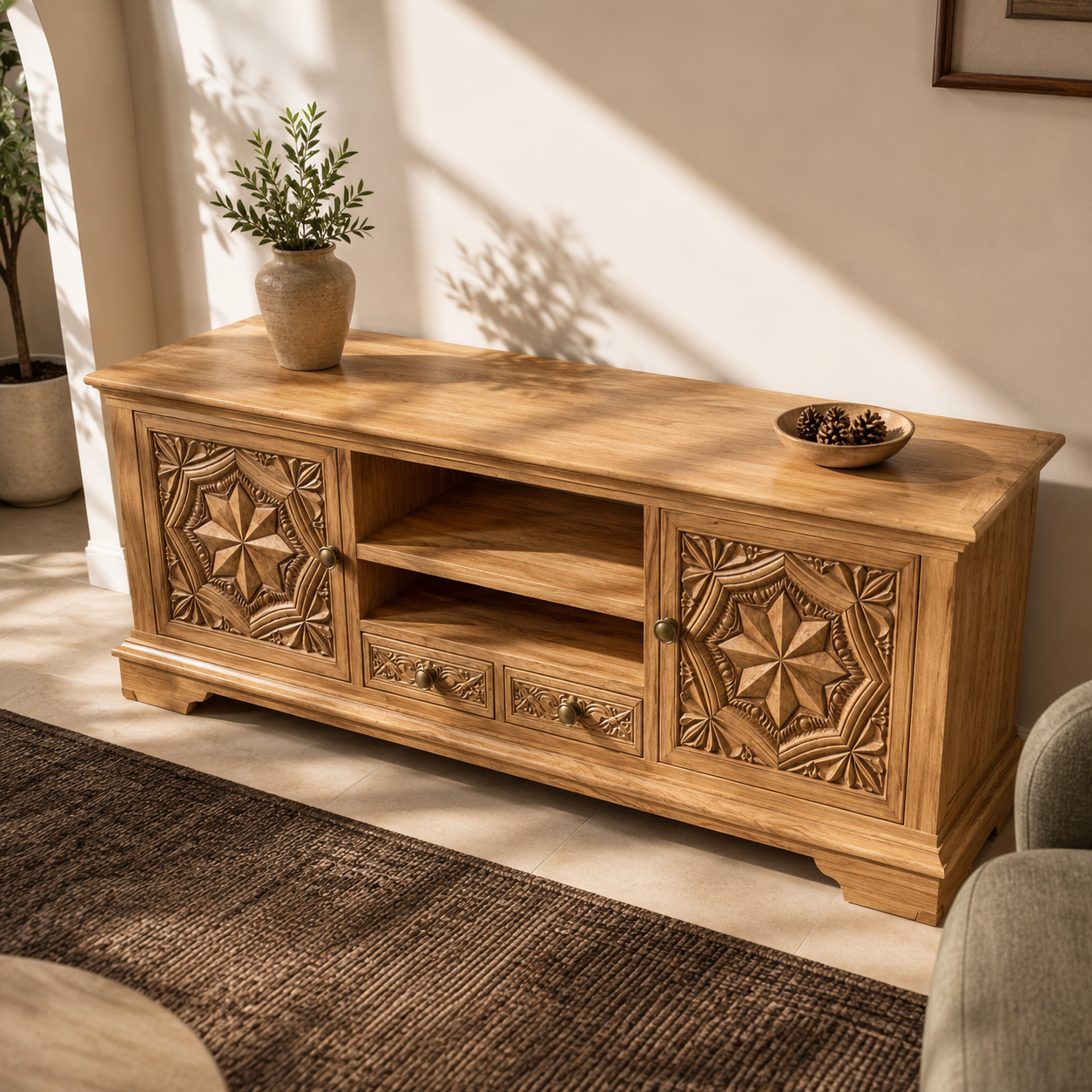 Carvello Carved Door Solid Wood TV Console For Living Room