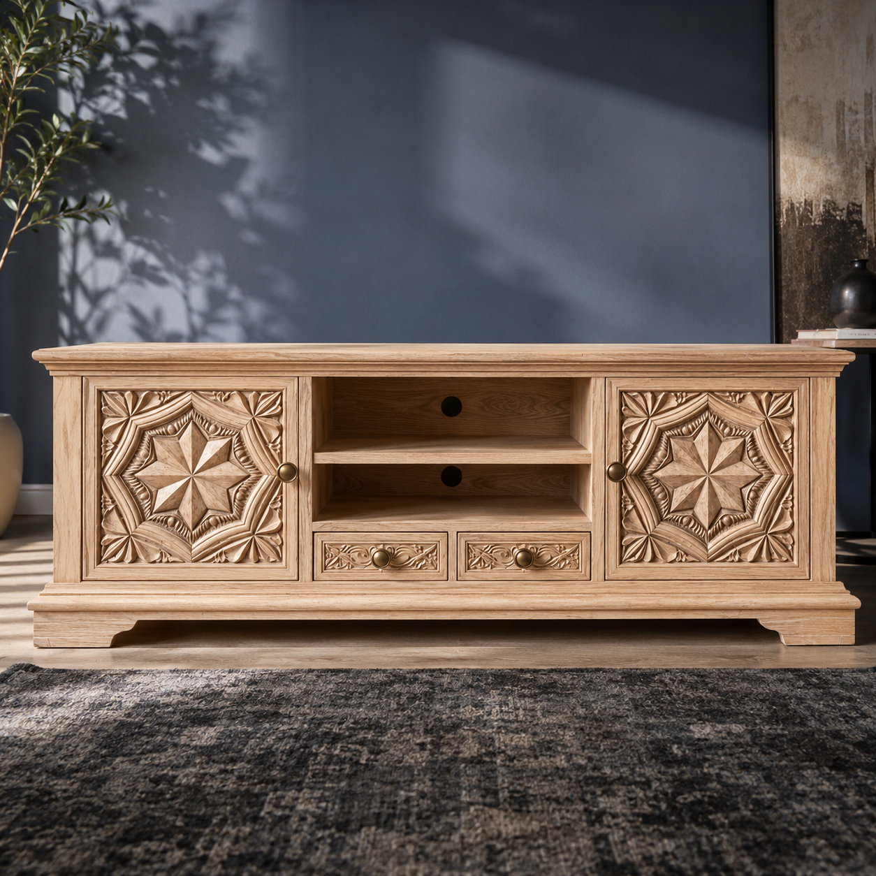 Carvello Carved Door Solid Wood TV Console For Living Room