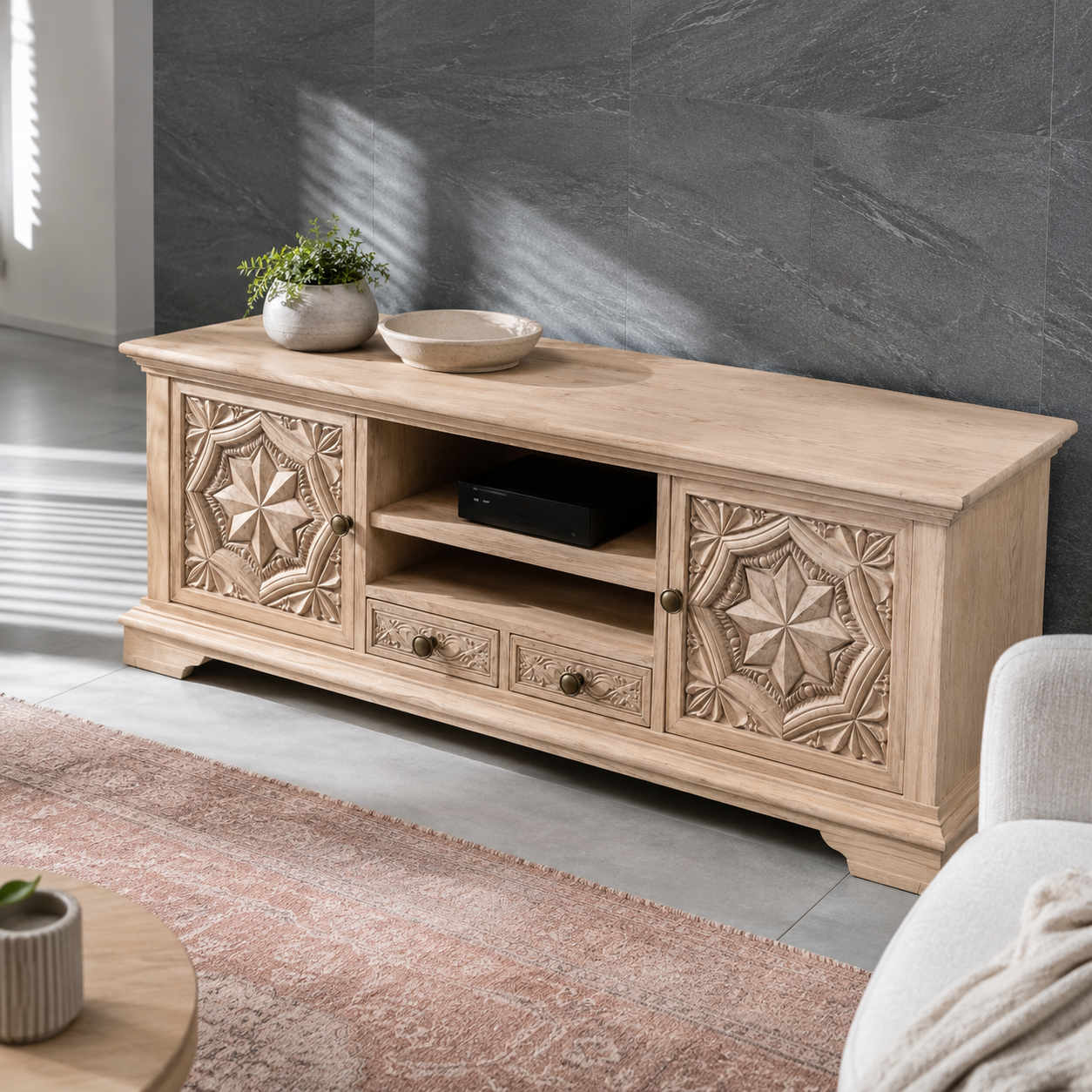 Carvello Carved Door Solid Wood TV Console For Living Room