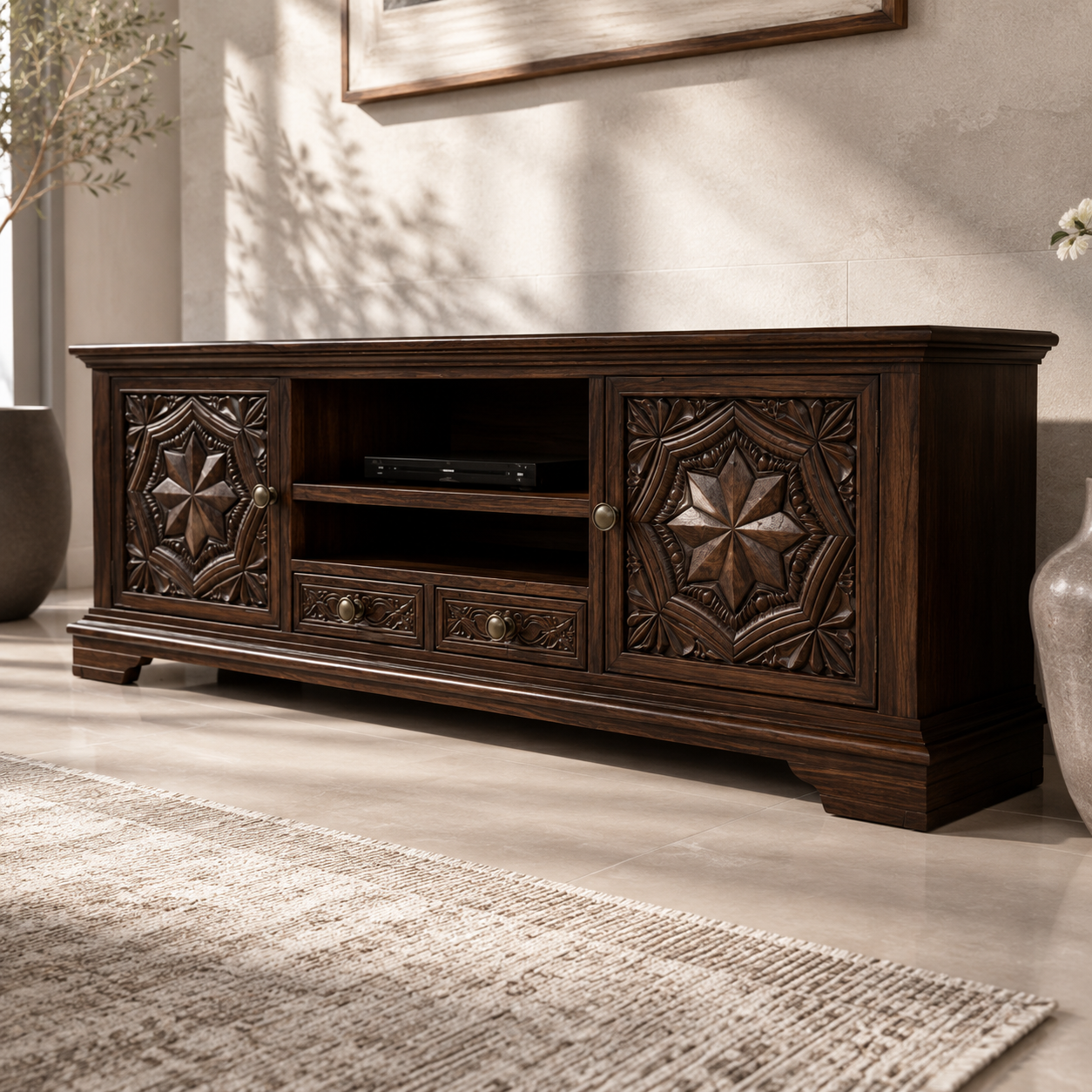 Carvello Carved Door Solid Wood TV Console For Living Room