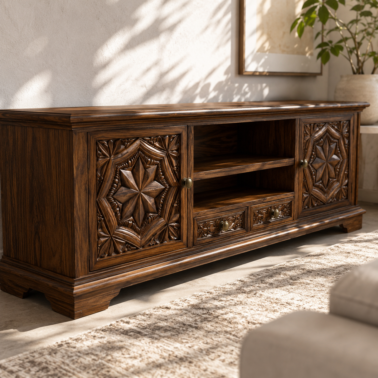 Carvello Carved Door Solid Wood TV Console For Living Room