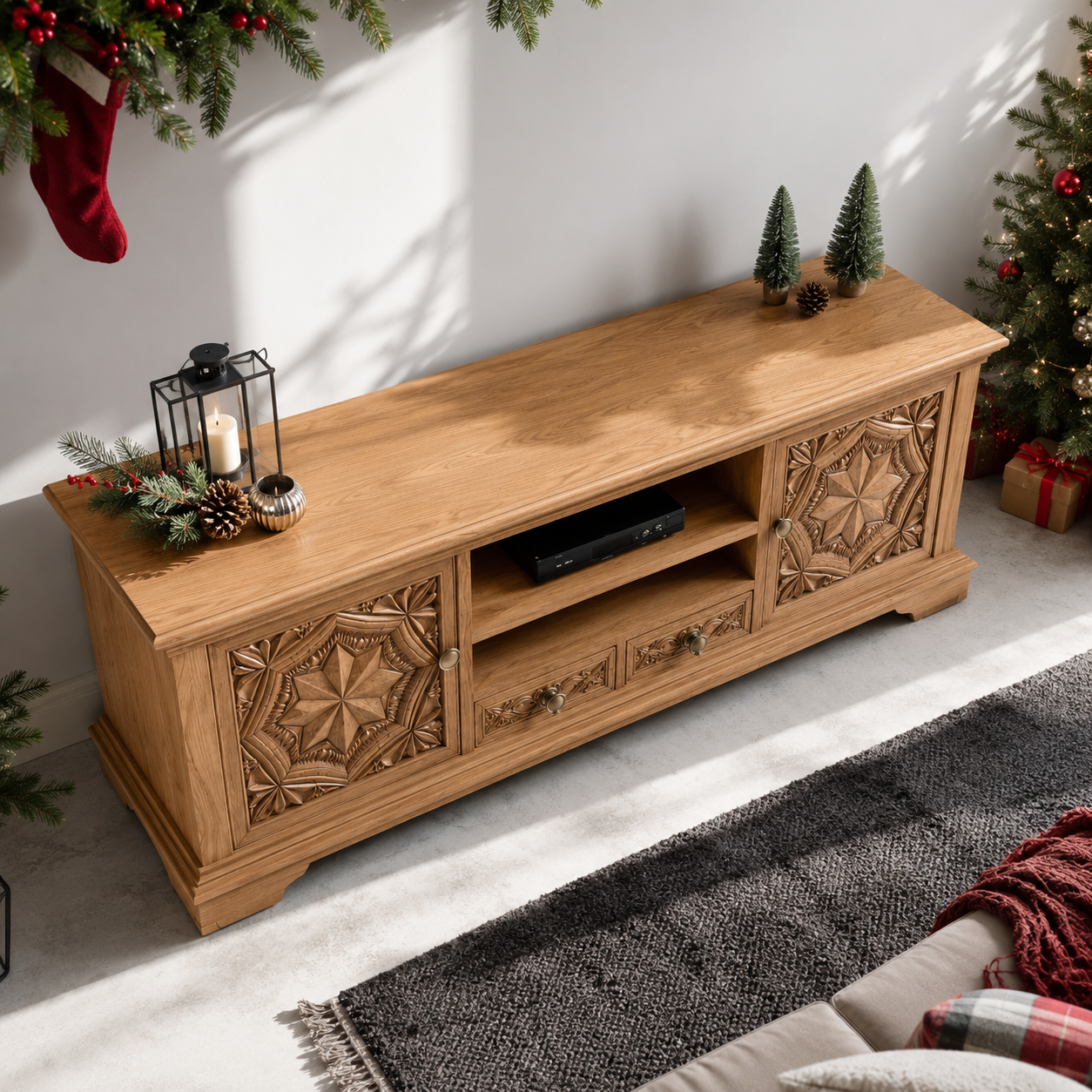Carvello Carved Door Solid Wood TV Console For Living Room