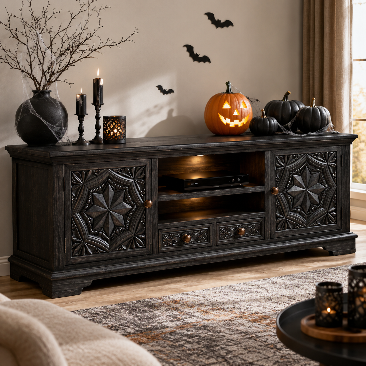 Carvello Carved Door Solid Wood TV Console For Living Room
