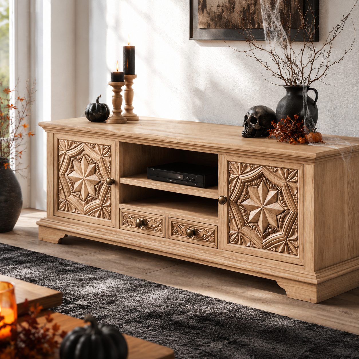 Carvello Carved Door Solid Wood TV Console For Living Room