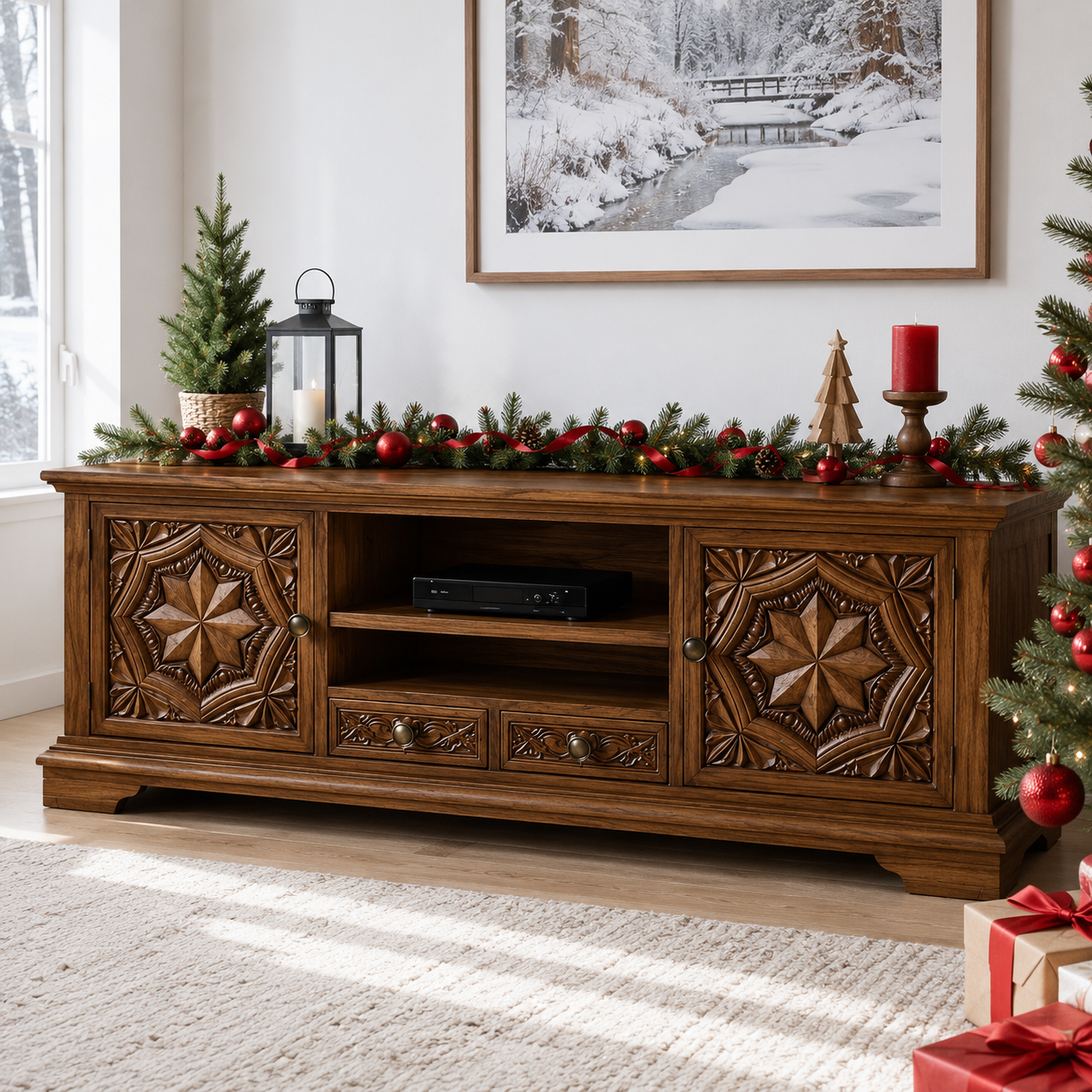 Carvello Carved Door Solid Wood TV Console For Living Room
