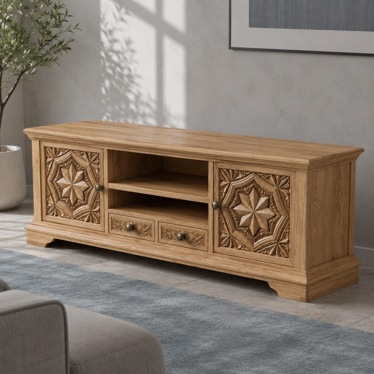 Carvello Carved Door Solid Wood TV Console For Living Room