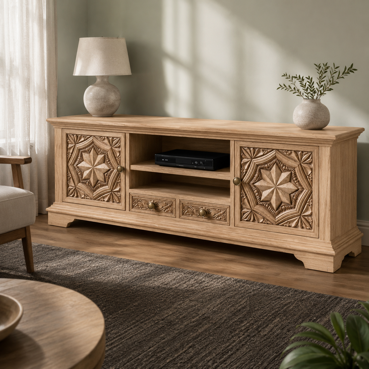 Carvello Carved Door Solid Wood TV Console For Living Room