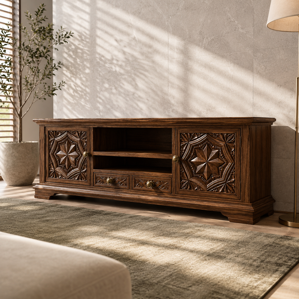 Carvello Carved Door Solid Wood TV Console For Living Room