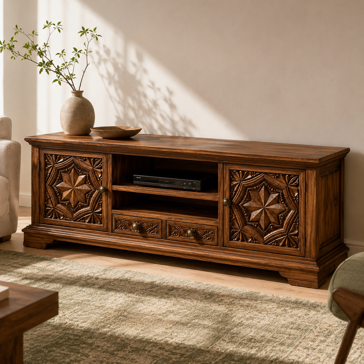 Carvello Carved Door Solid Wood TV Console For Living Room