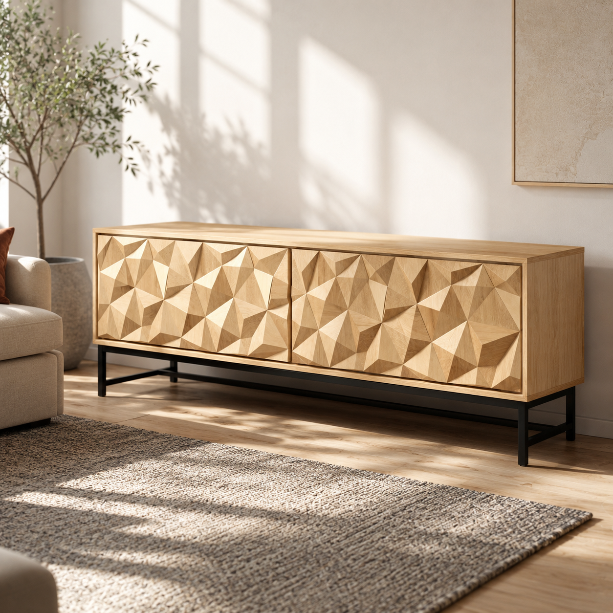 Faceron Geometric Front Solid Wood TV Stand For Living Room