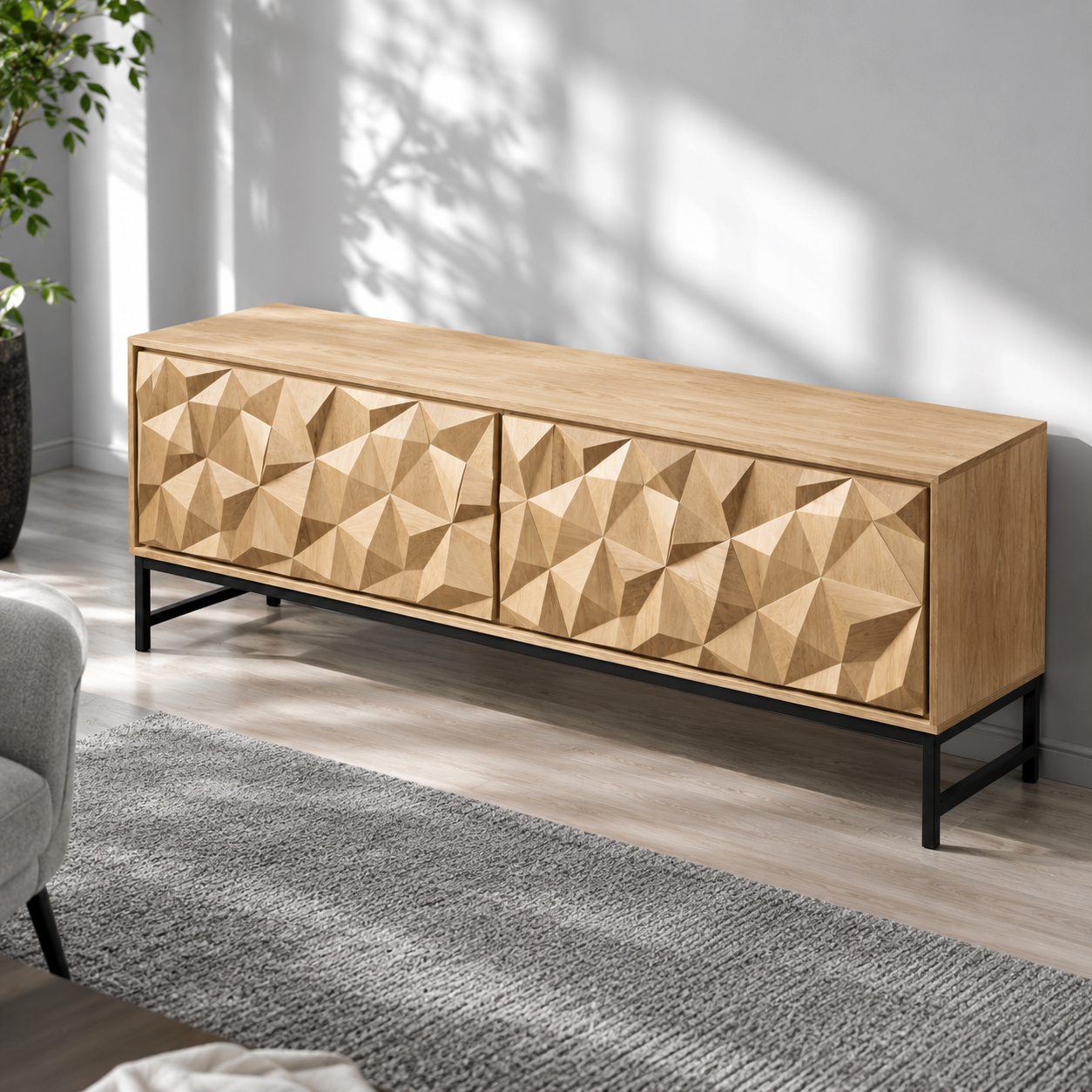 Faceron Geometric Front Solid Wood TV Stand For Living Room