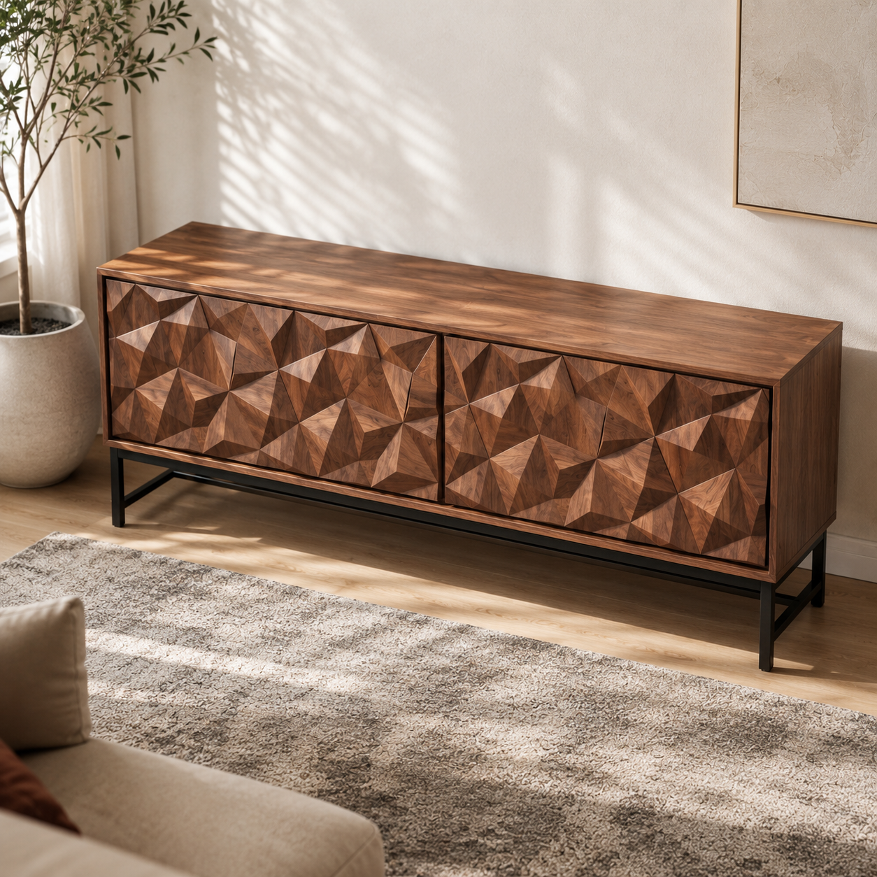 Faceron Geometric Front Solid Wood TV Stand For Living Room
