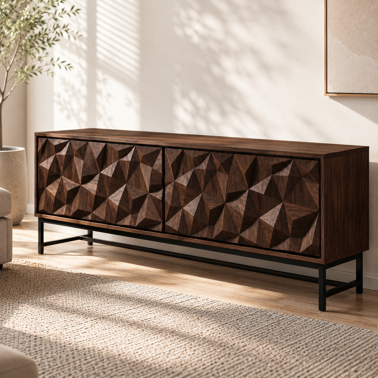 Faceron Geometric Front Solid Wood TV Stand For Living Room
