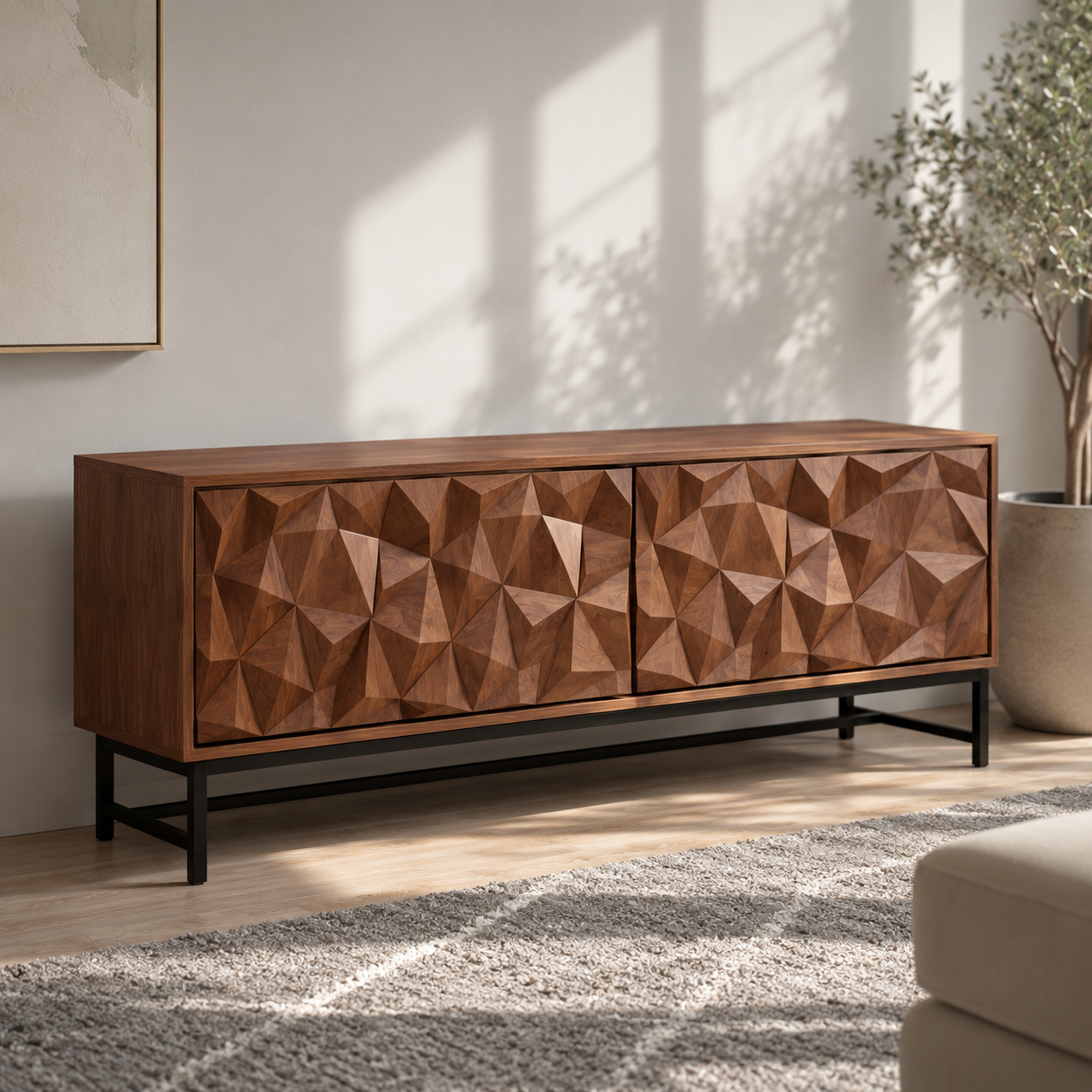 Faceron Geometric Front Solid Wood TV Stand For Living Room