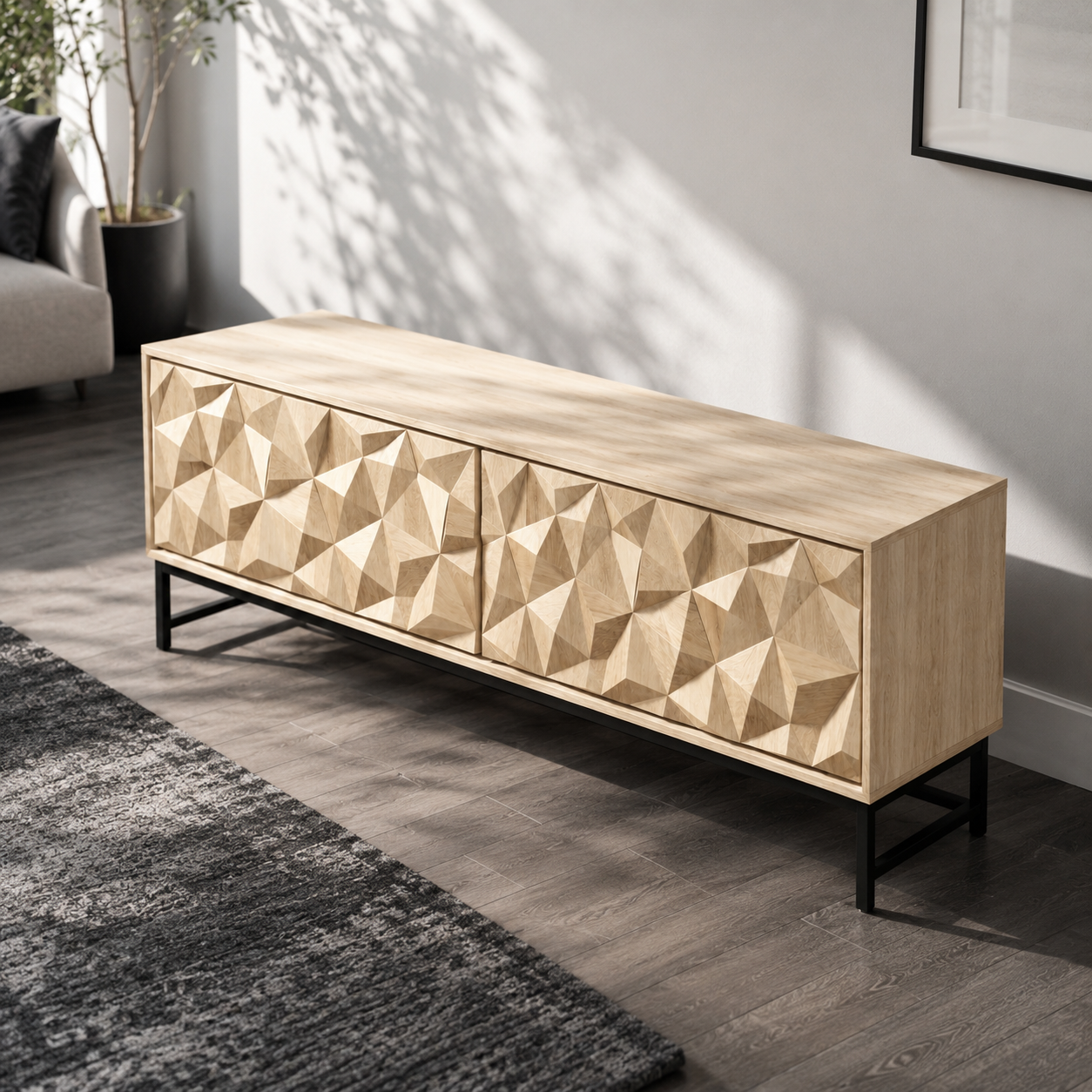 Faceron Geometric Front Solid Wood TV Stand For Living Room