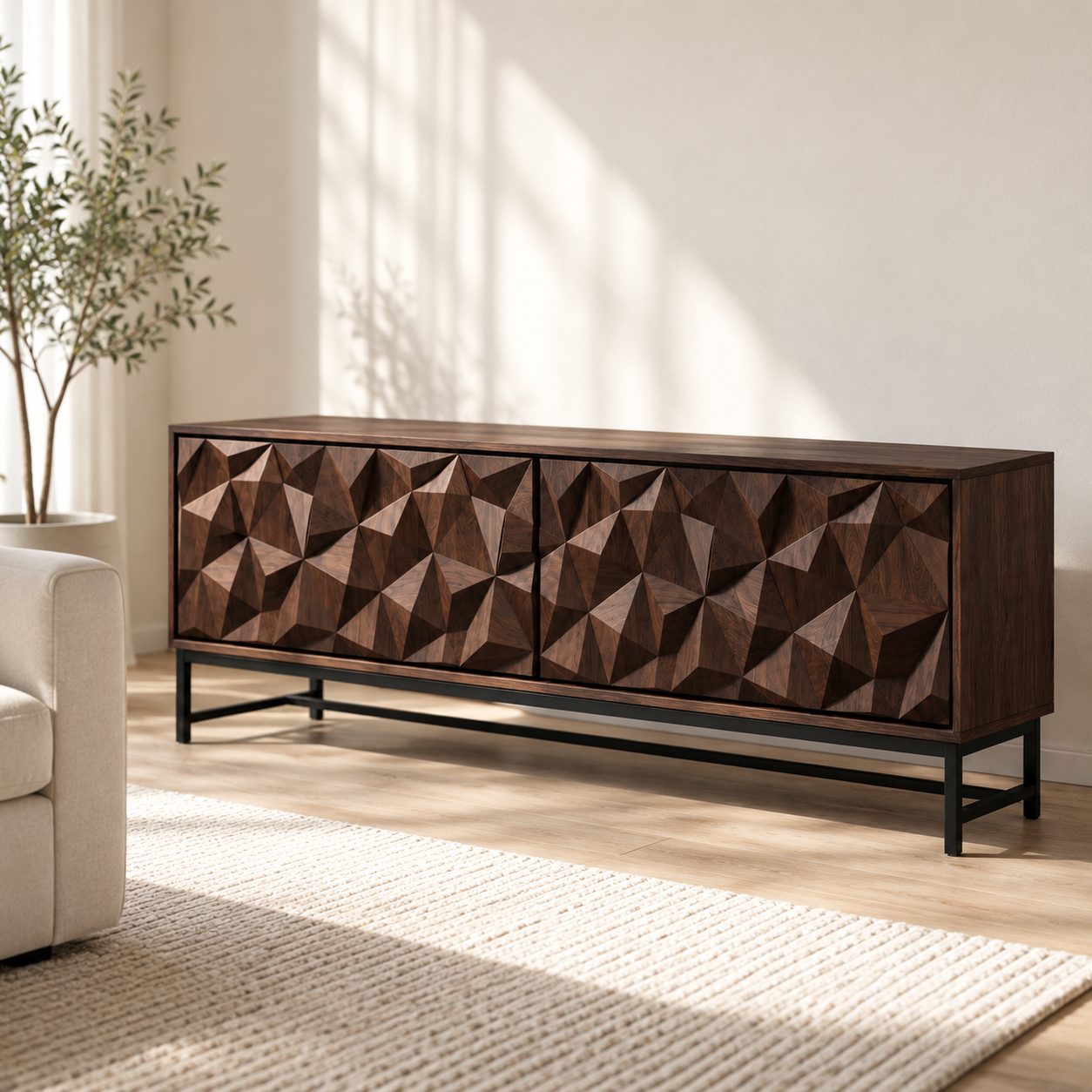 Faceron Geometric Front Solid Wood TV Stand For Living Room
