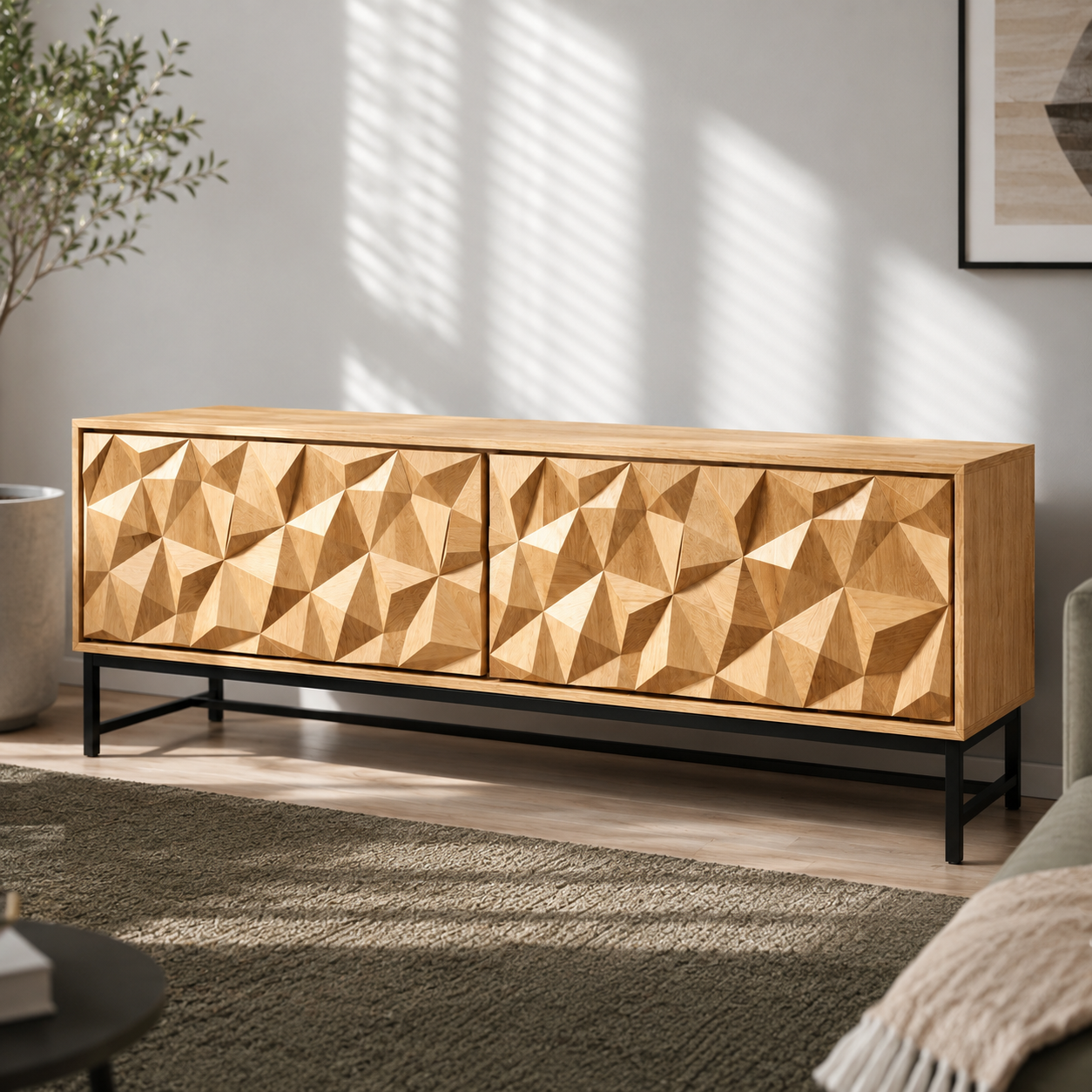 Faceron Geometric Front Solid Wood TV Stand For Living Room